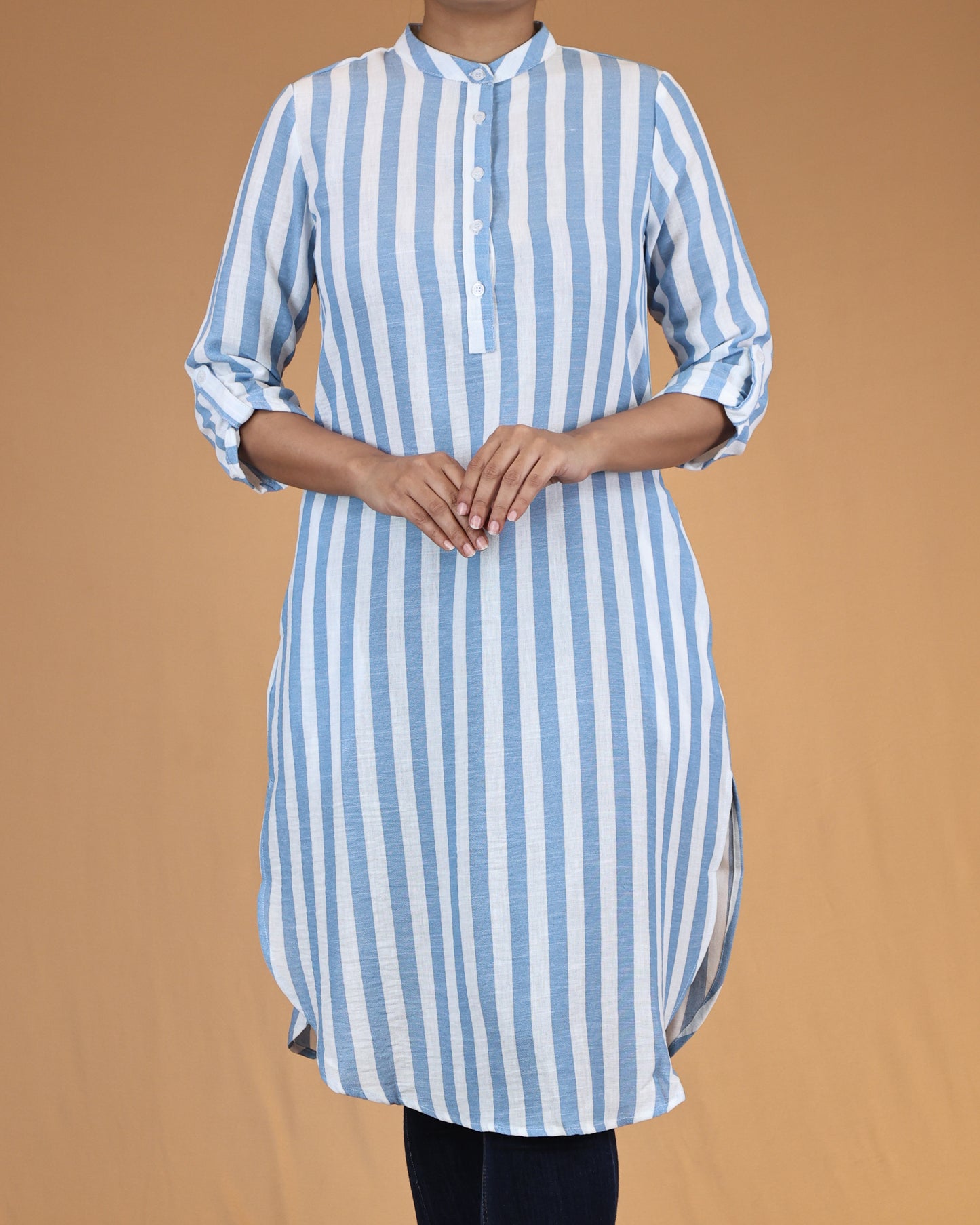 Sky Blue Striped Buttoned Top with Roll Up Sleeves