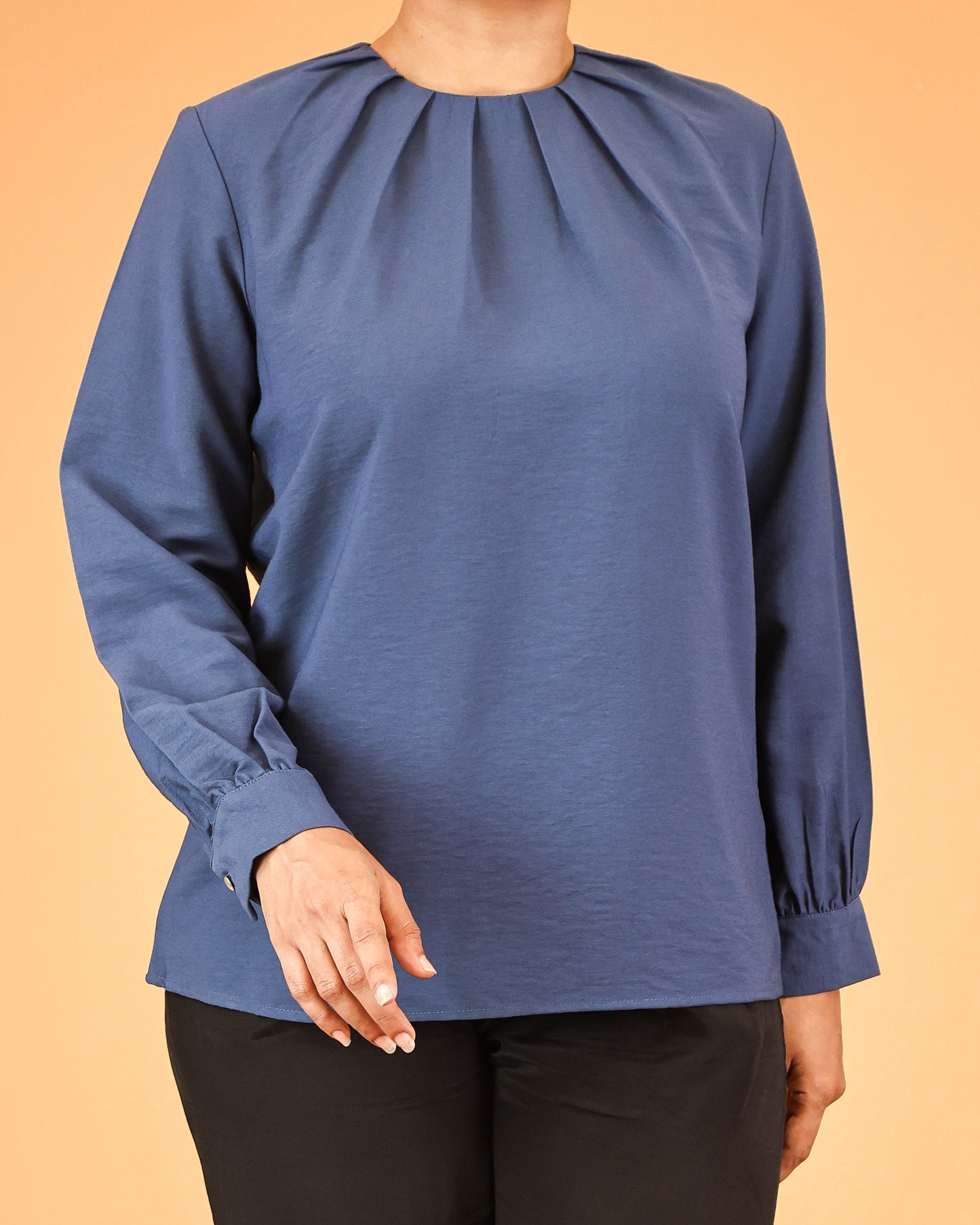 Dusty Blue Pleated-Neck Top