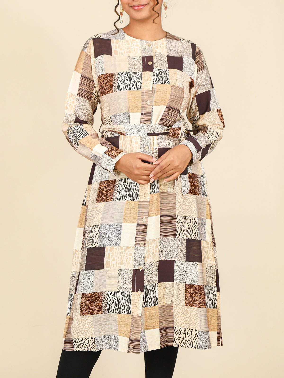 Calista Sand Beige Patchwork Button Front Midi