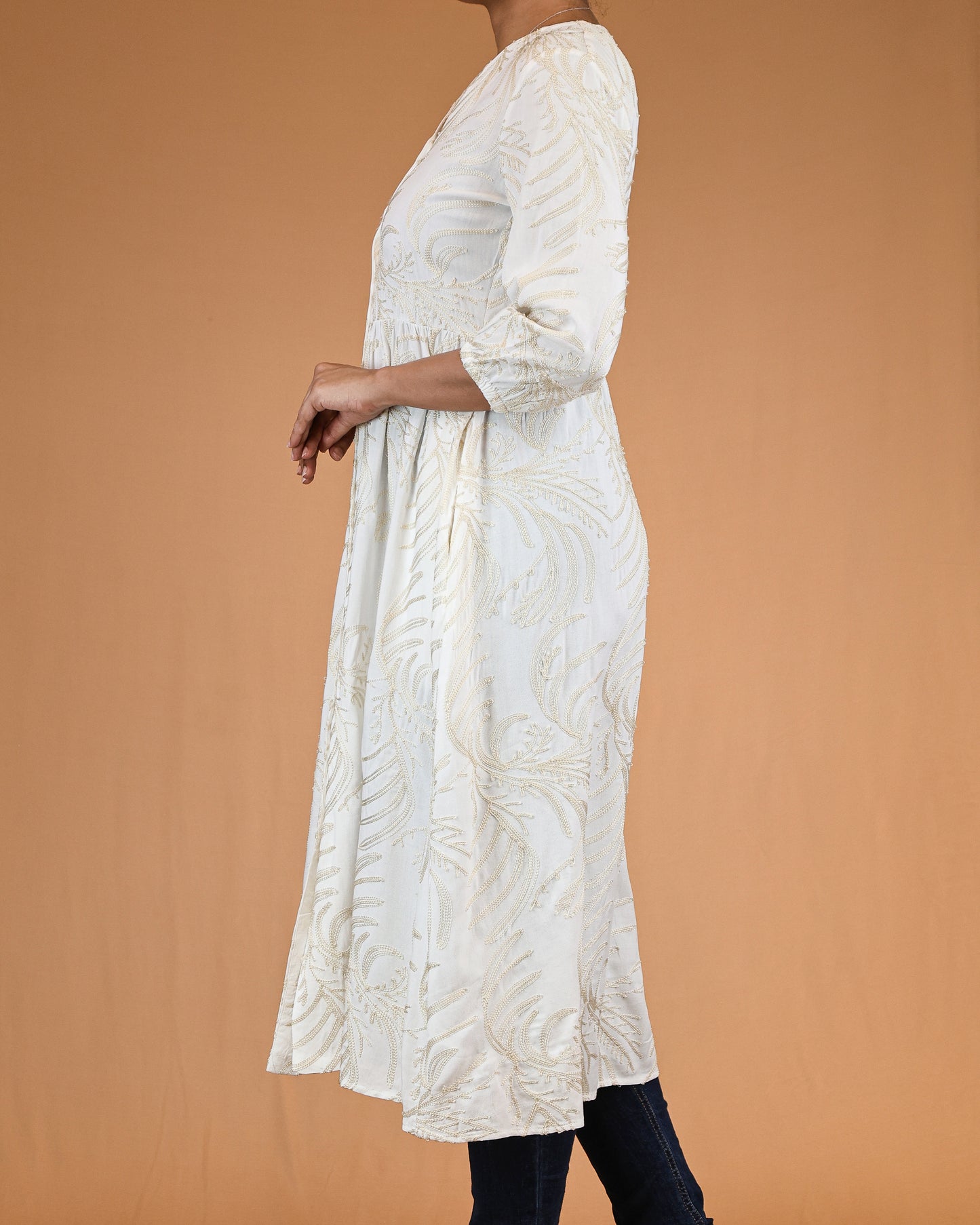 Ivory Gold-Embroidered Button-Front Midi Dress