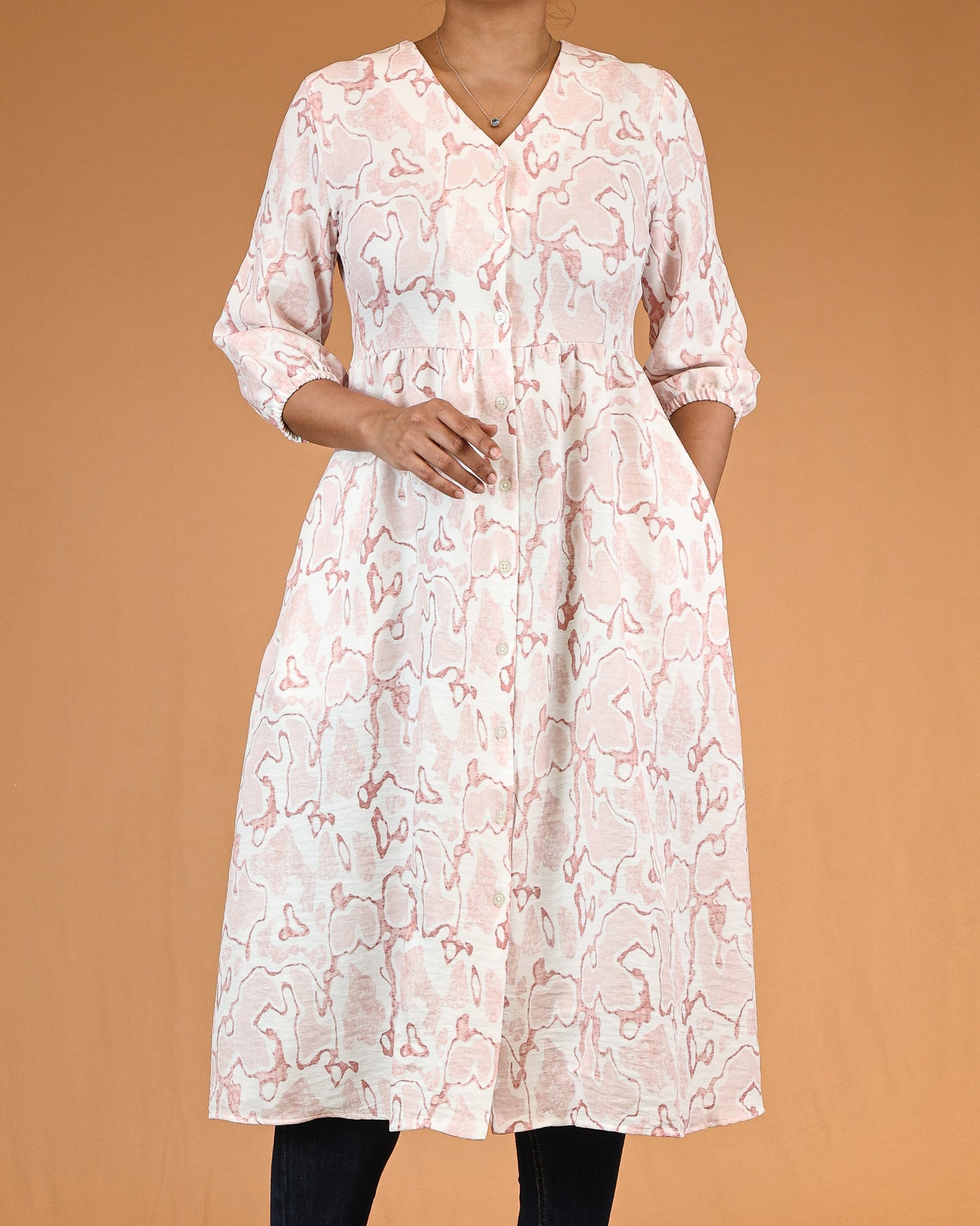 Blush Pink Printed V-Neck Shirt Dress