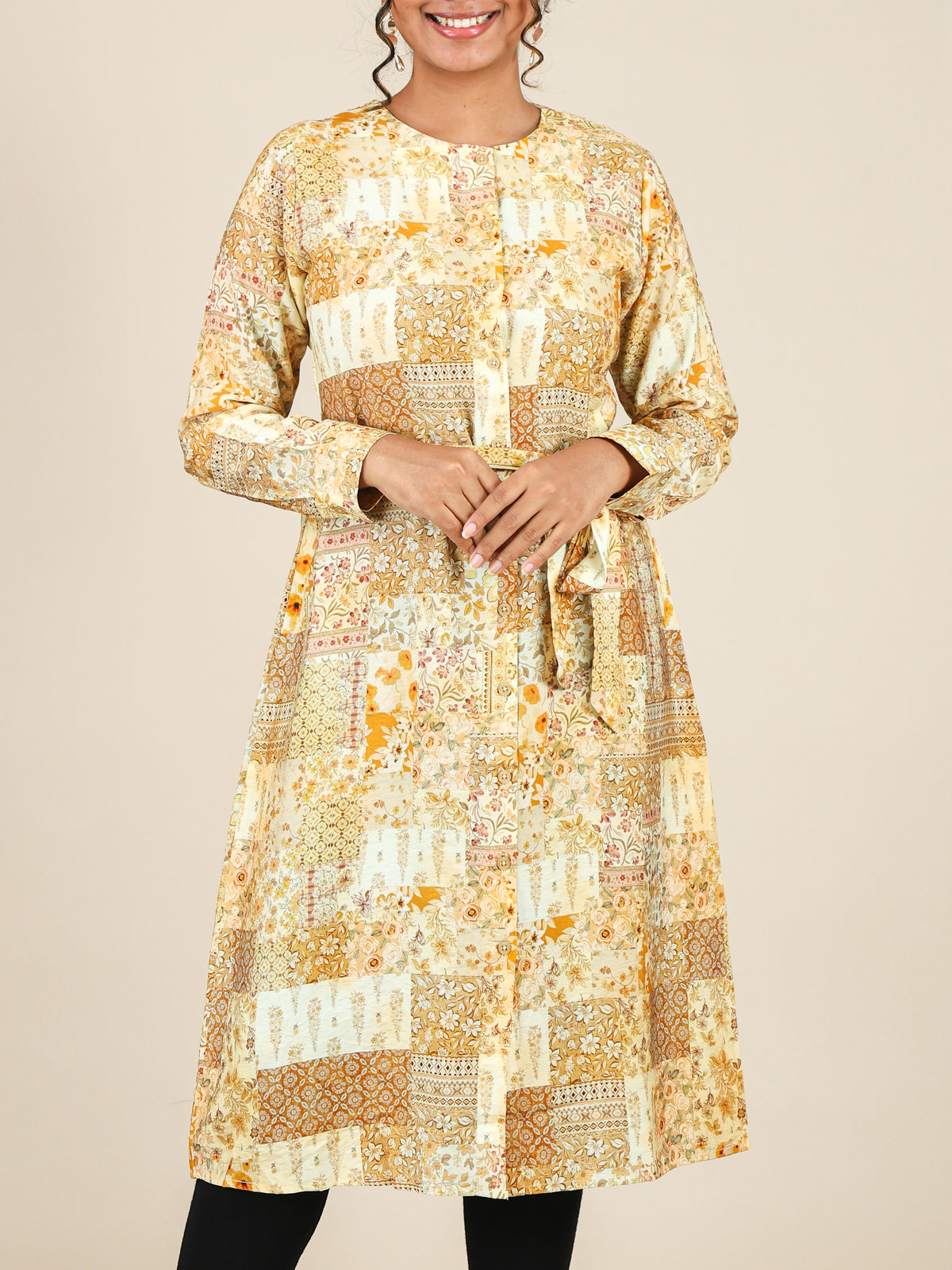 Calista Mustard Yellow Floral Patchwork Midi