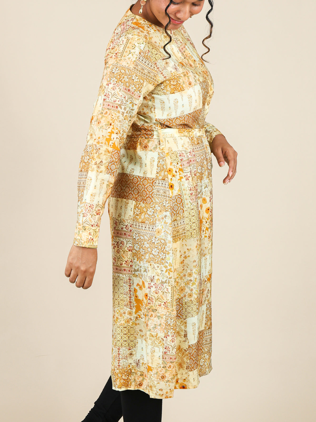 Calista Mustard Yellow Floral Patchwork Midi