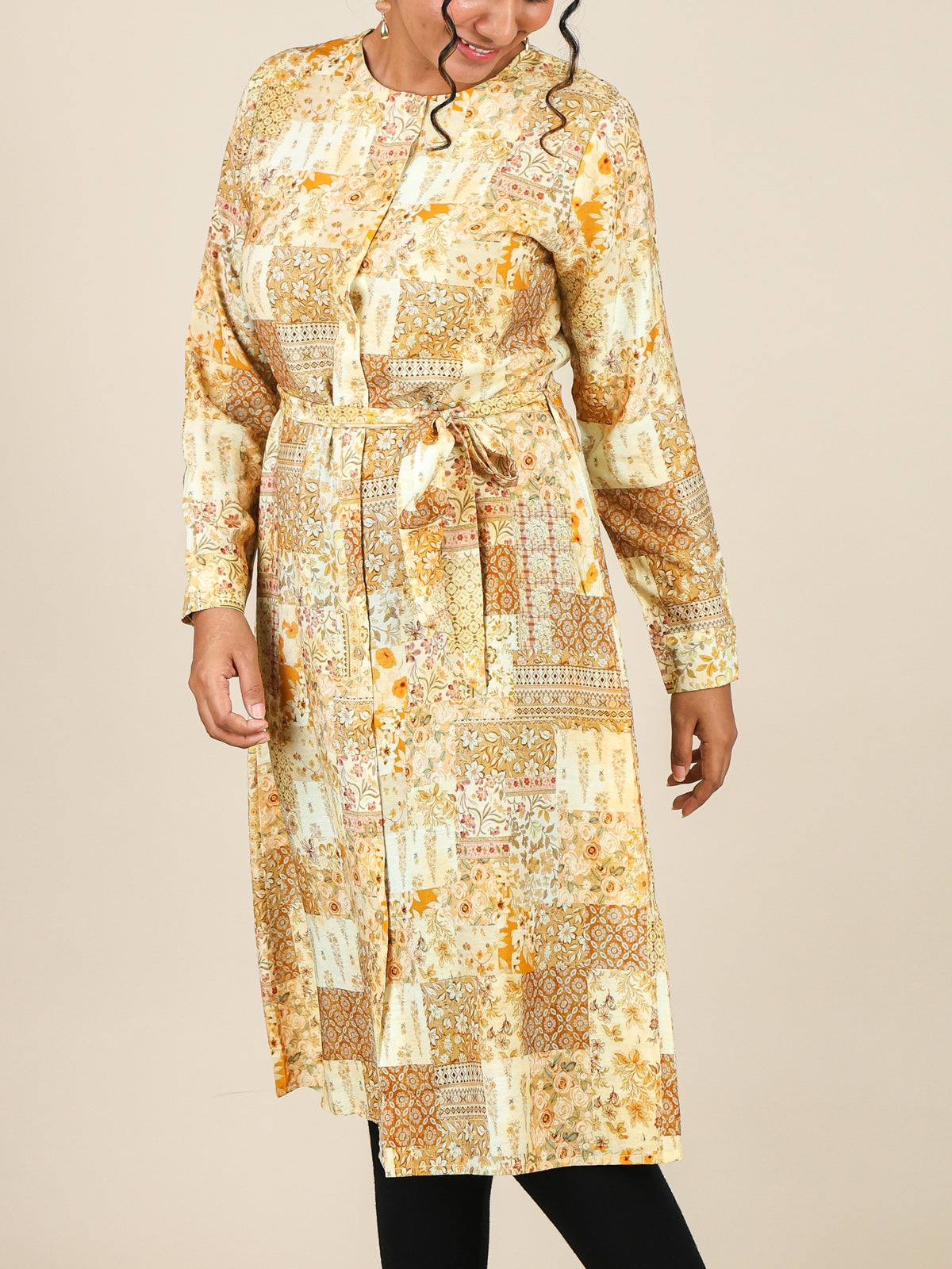 Calista Mustard Yellow Floral Patchwork Midi