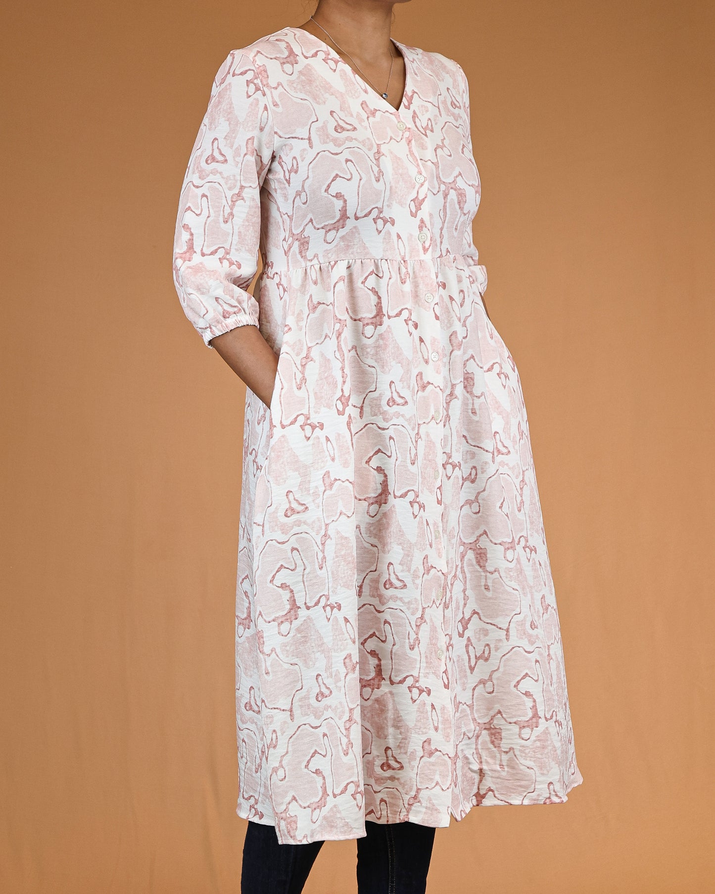 Blush Pink Printed V-Neck Shirt Dress