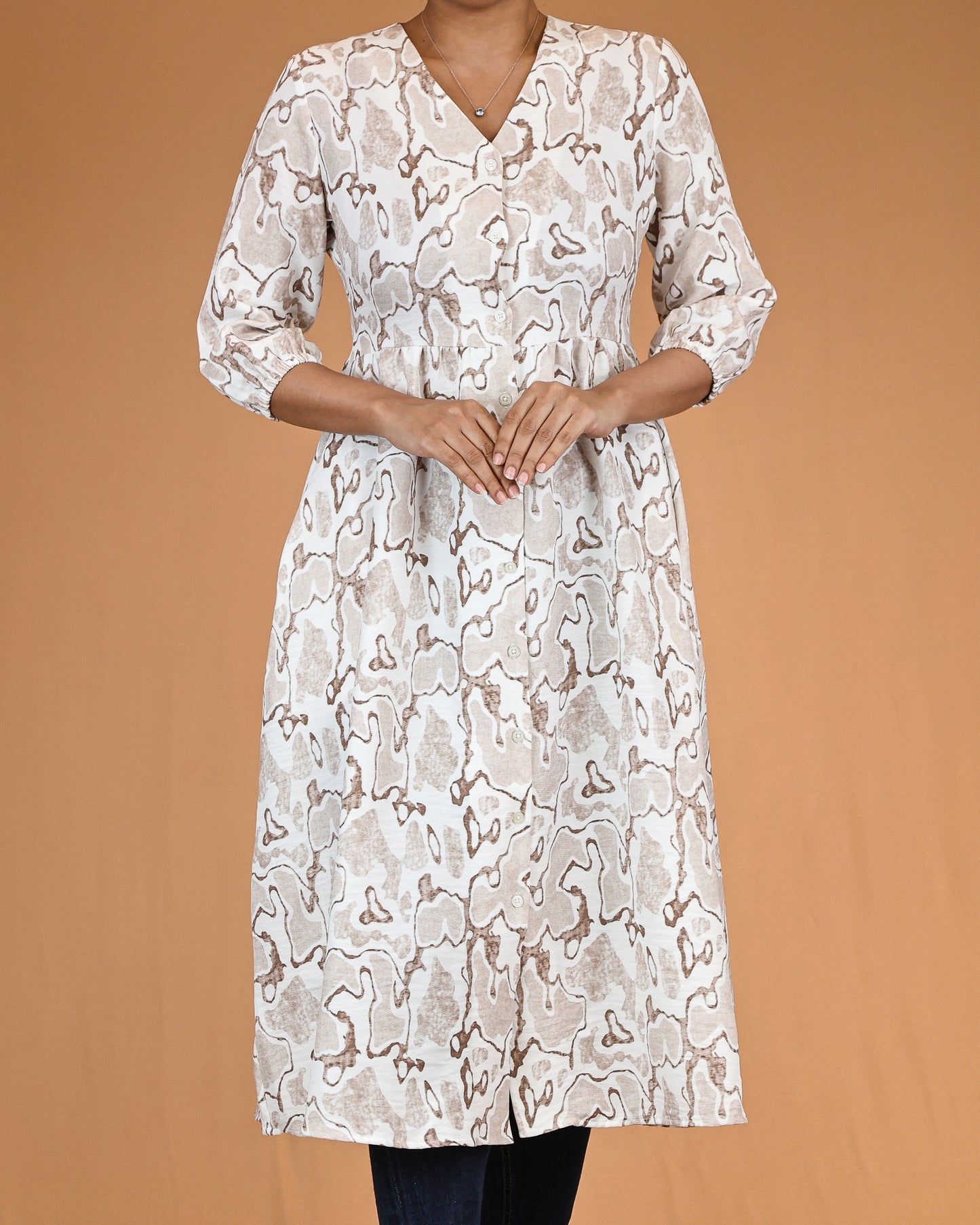 Ivory Beige Printed V-Neck Shirt Dress