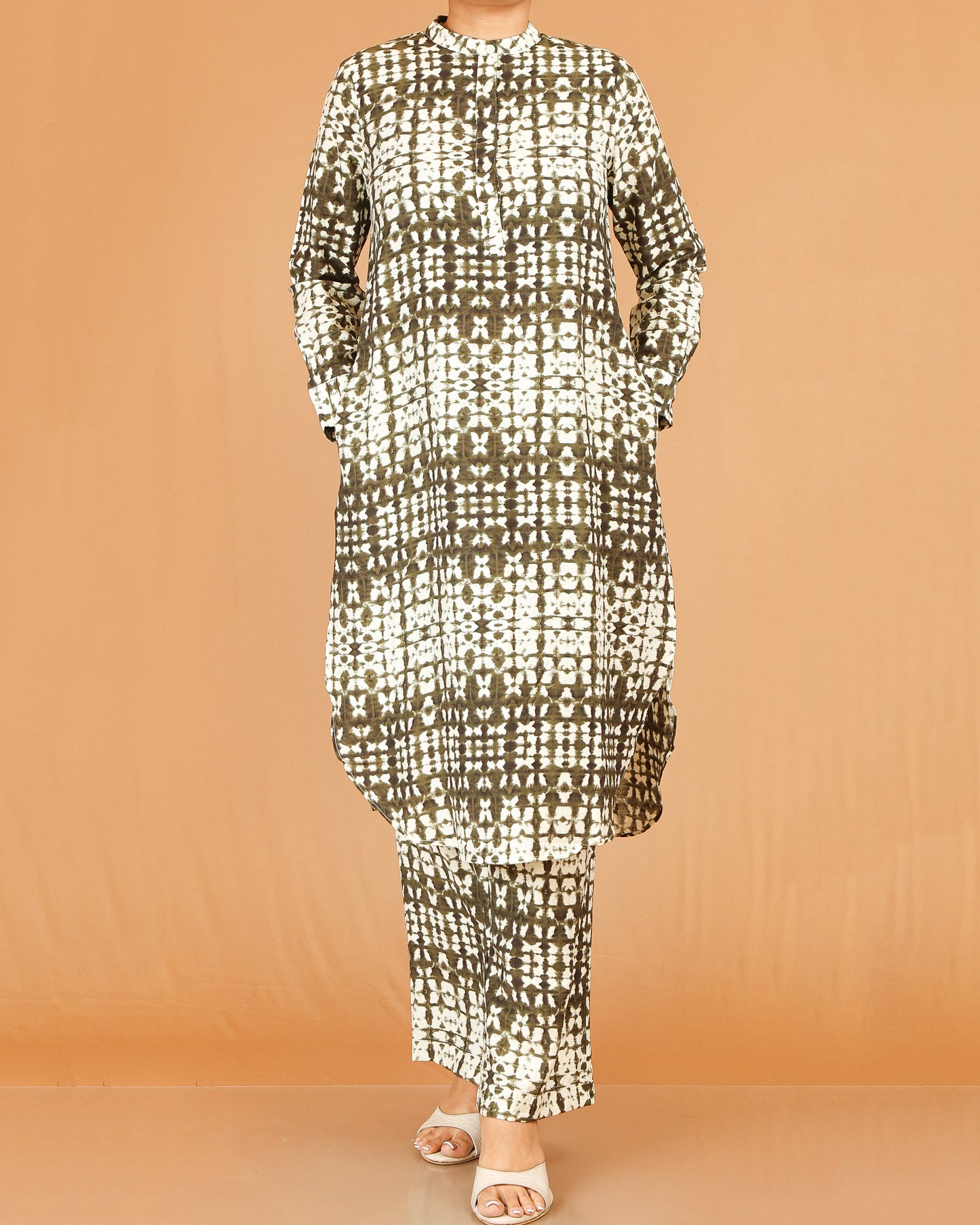 Olive Green Printed Co-Ord Set with Mandarin Collar Top