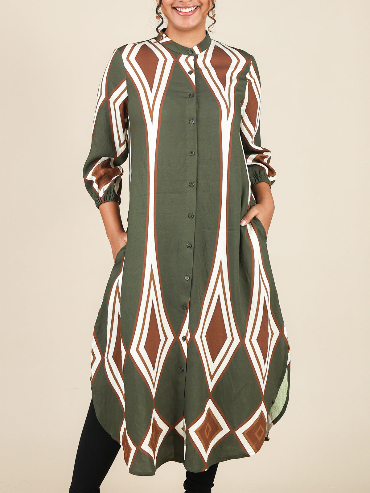 Calista Olive Geo Print Midi