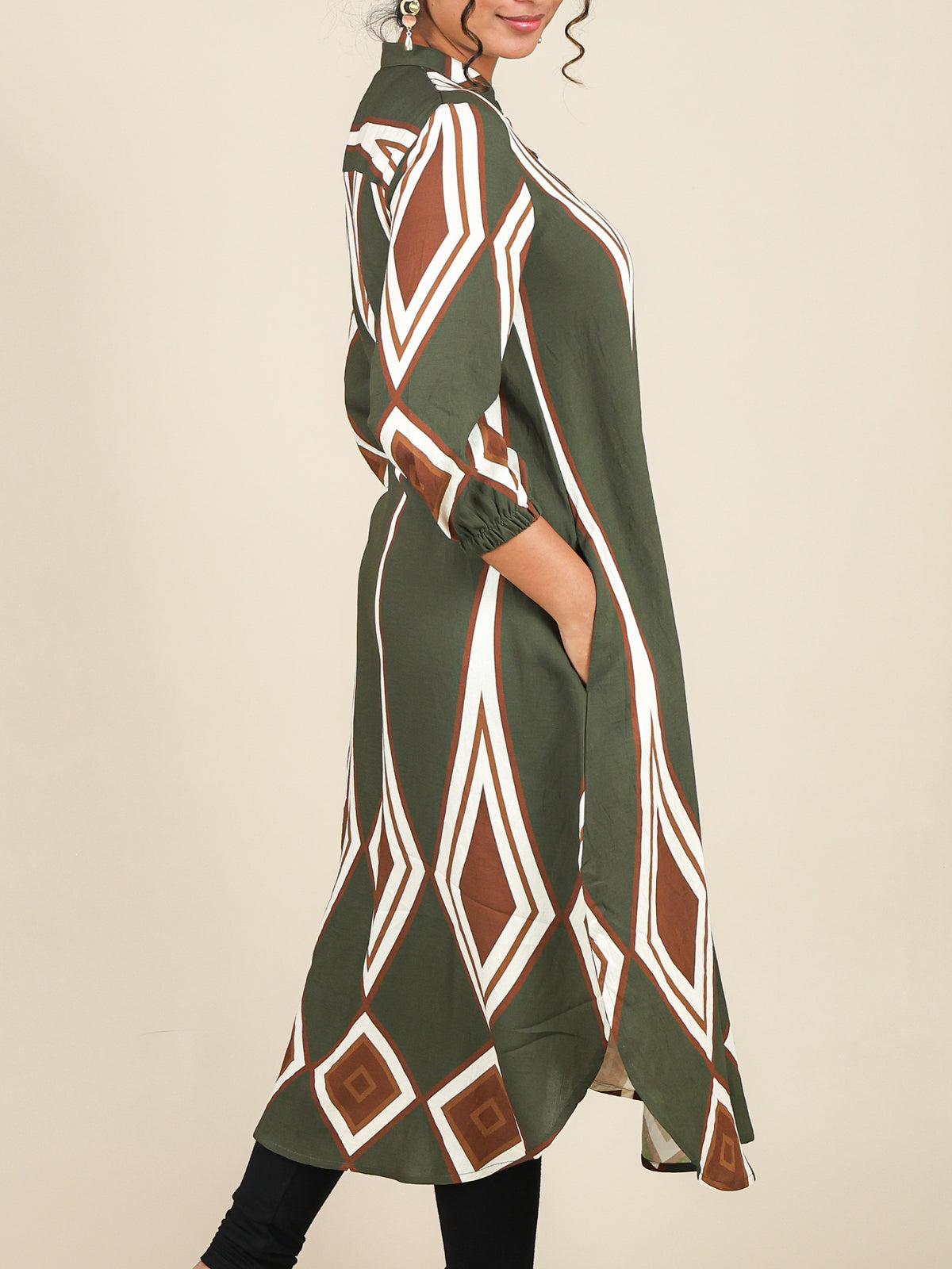 Calista Olive Geo Print Midi