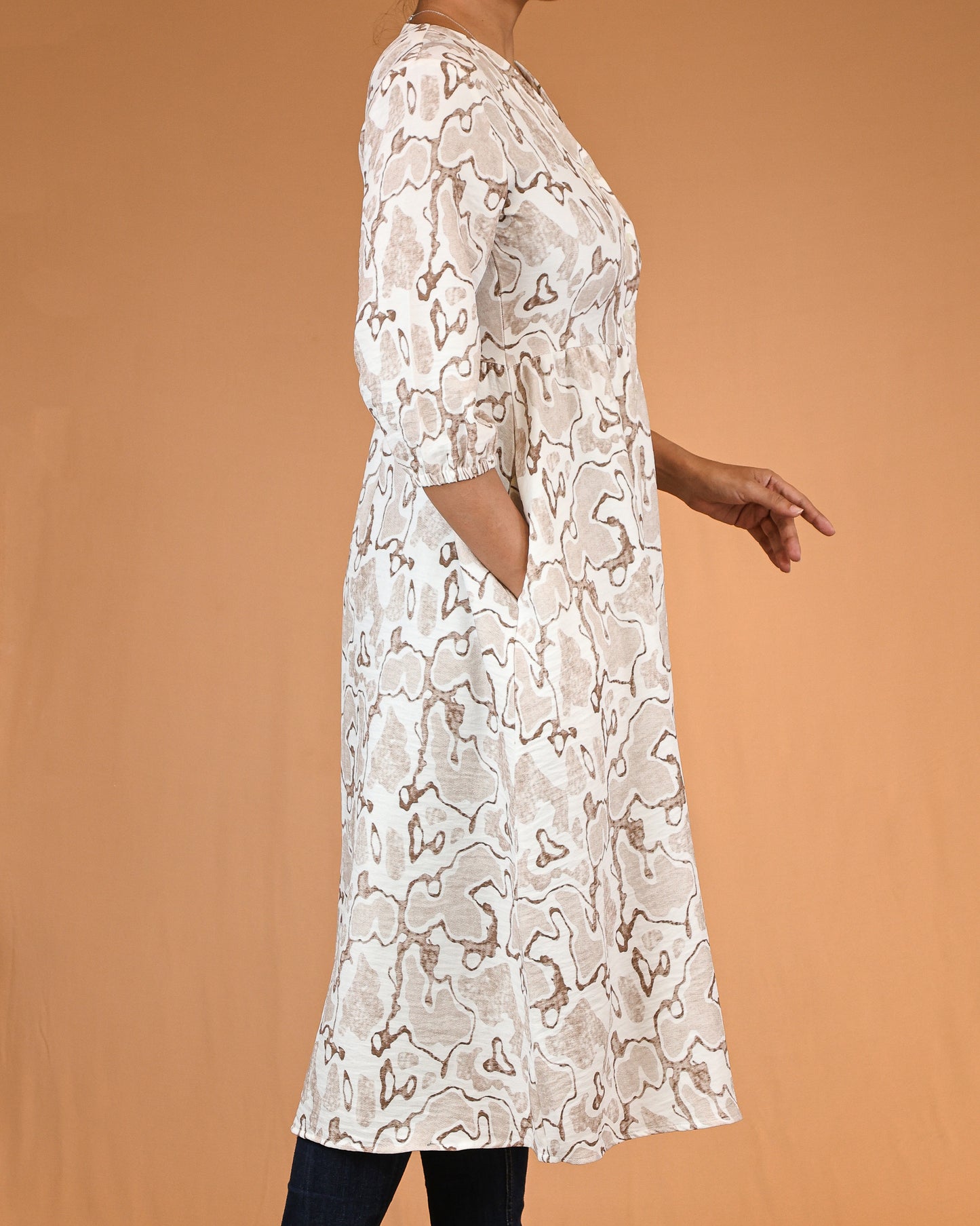 Ivory Beige Printed V-Neck Shirt Dress