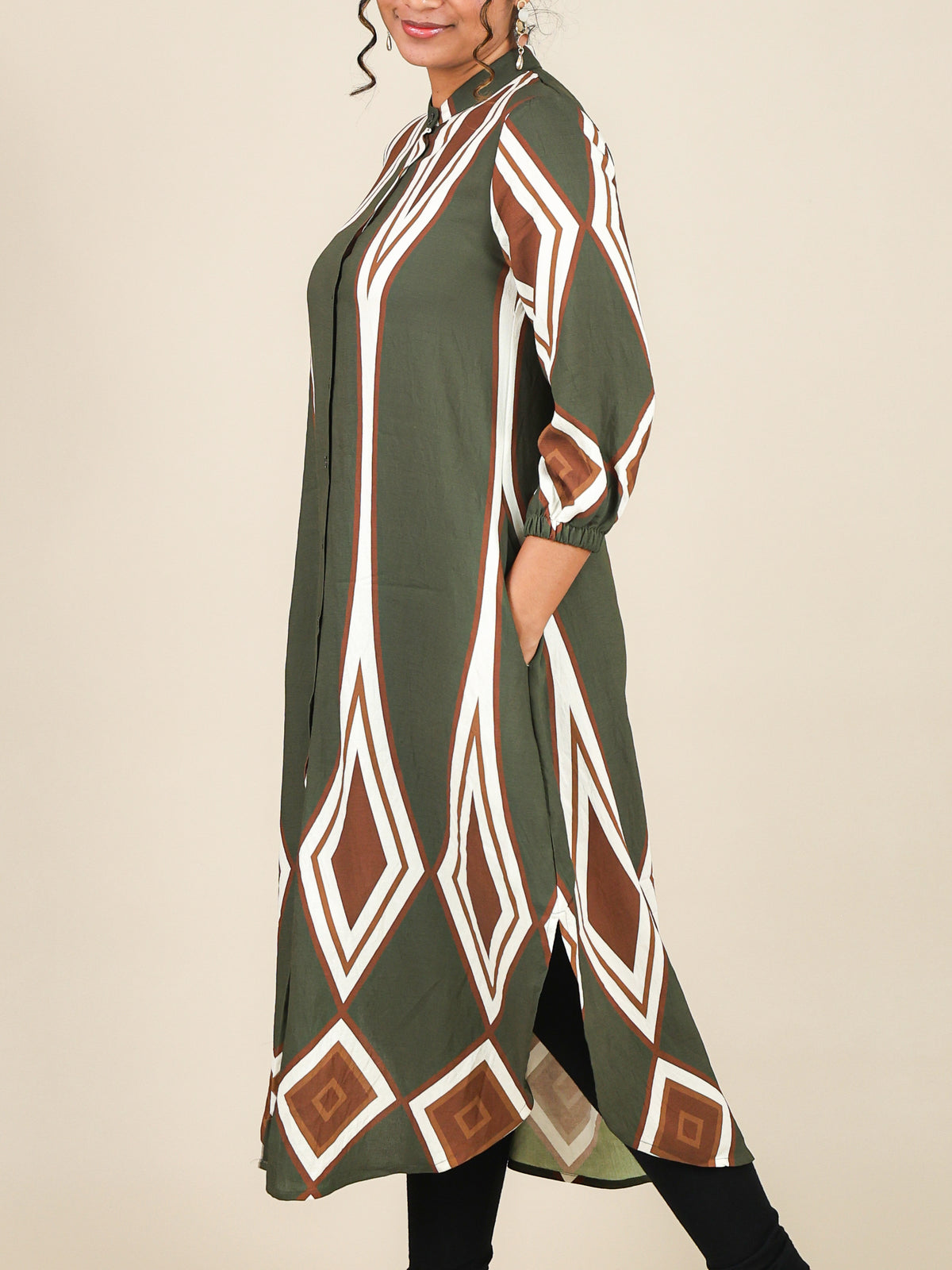 Calista Olive Geo Print Midi