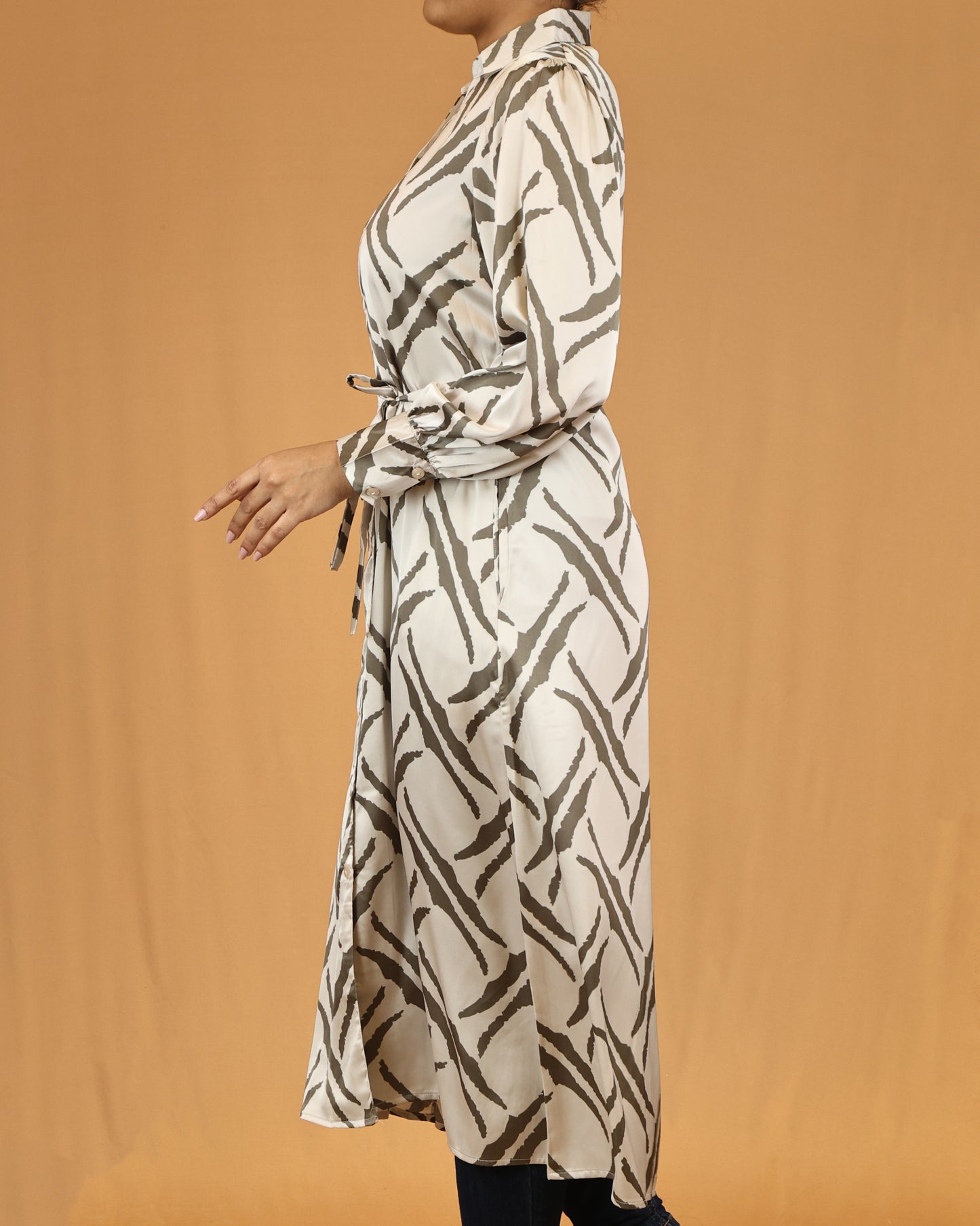 Collared Button-Front Waist Tie Beige Abstract Stripe Shirt Dress