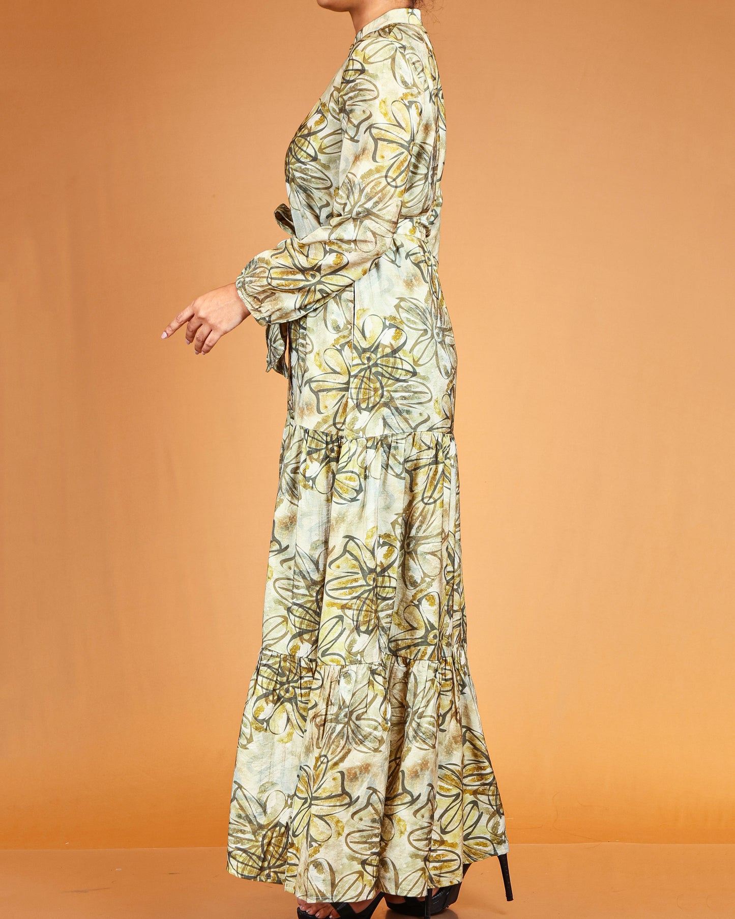 Sage Gold Bloom Maxi with Waist Tie Belt