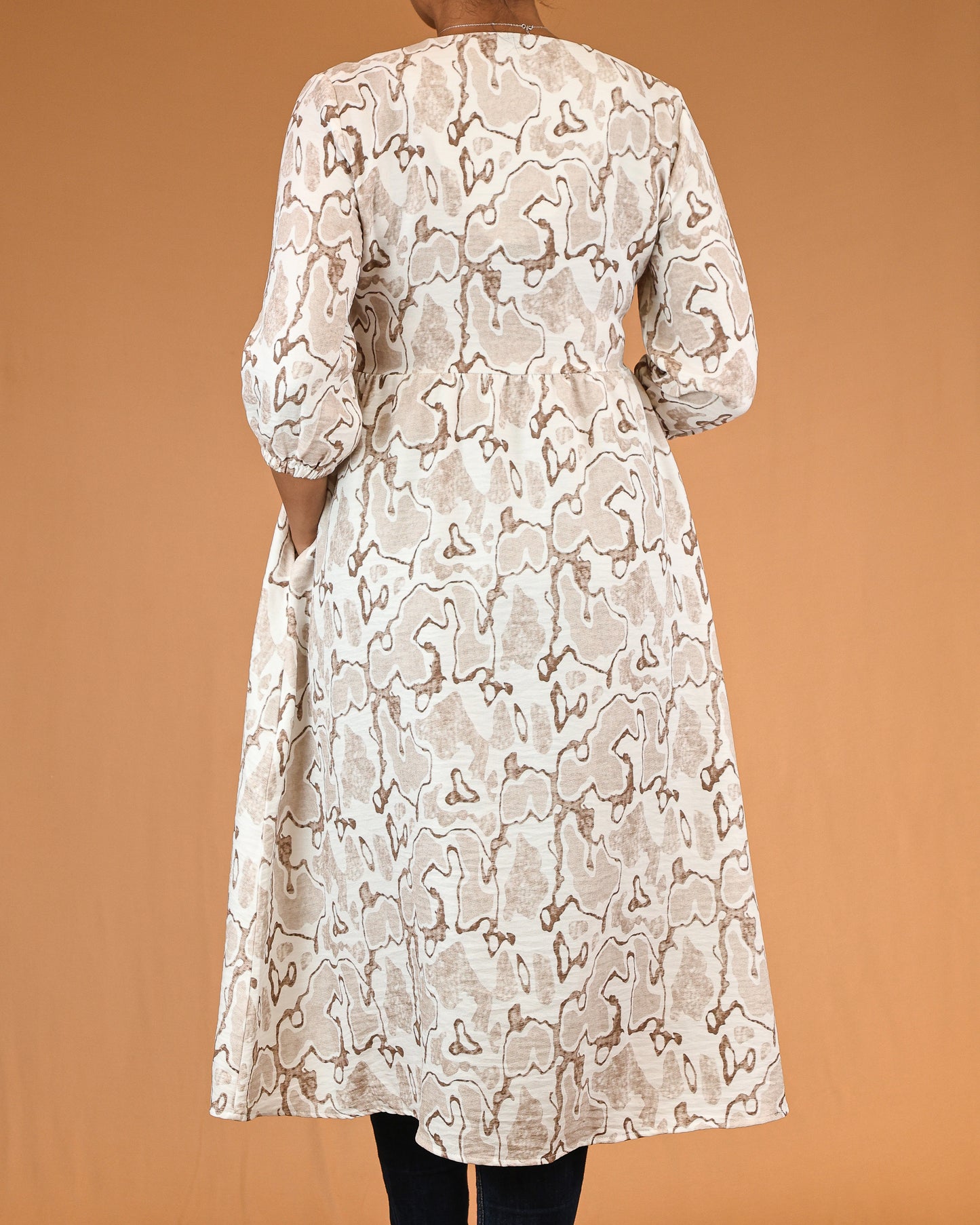 Ivory Beige Printed V-Neck Shirt Dress