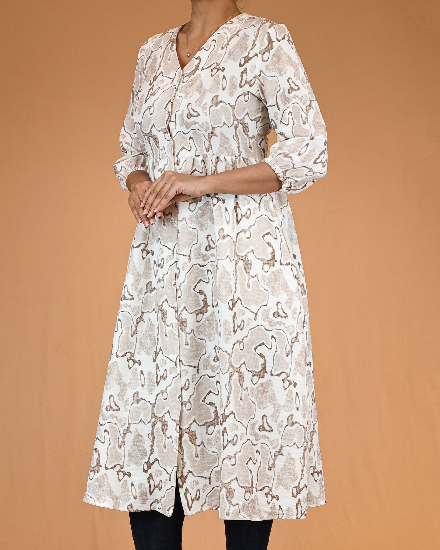Ivory Beige Printed V-Neck Shirt Dress