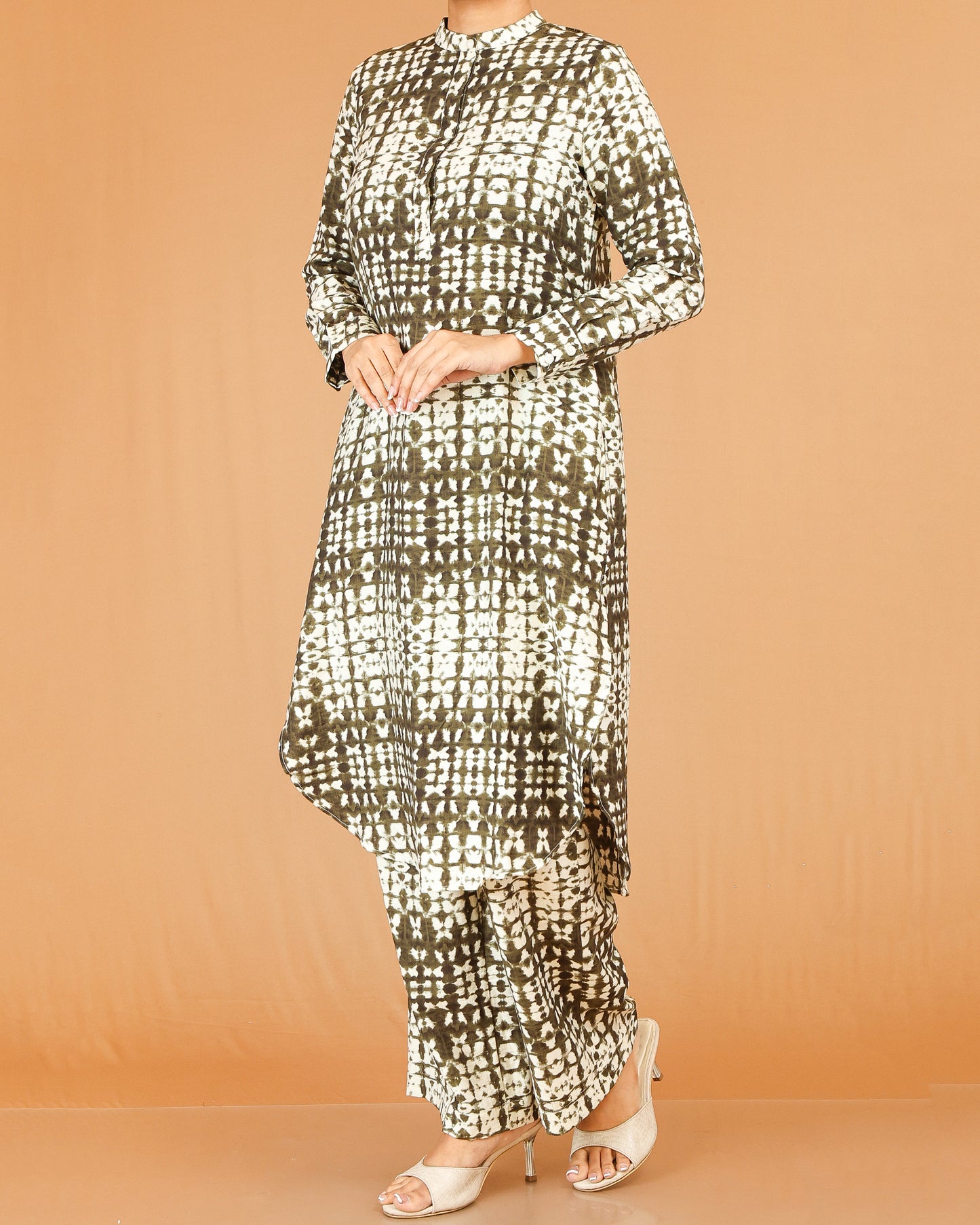 Olive Green Printed Co-Ord Set with Mandarin Collar Top