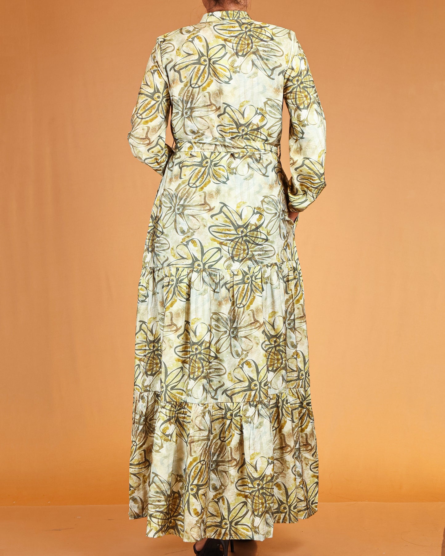 Sage Gold Bloom Maxi with Waist Tie Belt