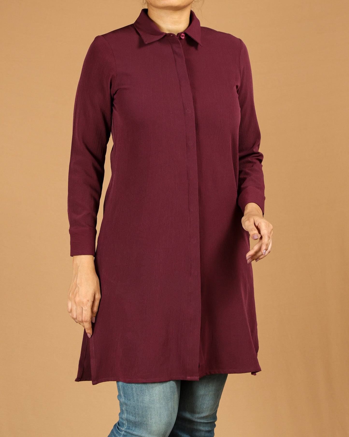 Classic Button-Down Long Shirt with Side Slits