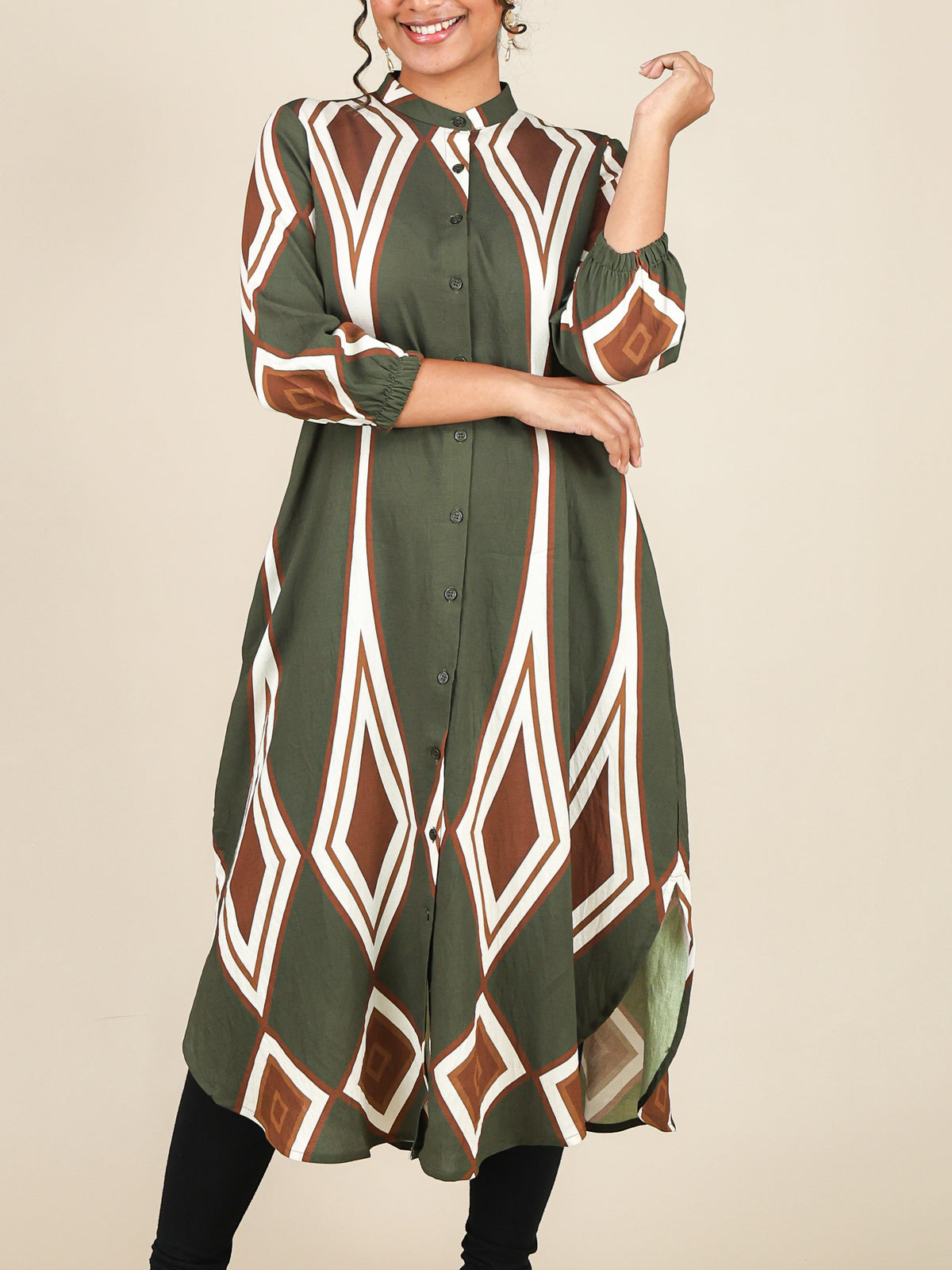 Calista Olive Geo Print Midi