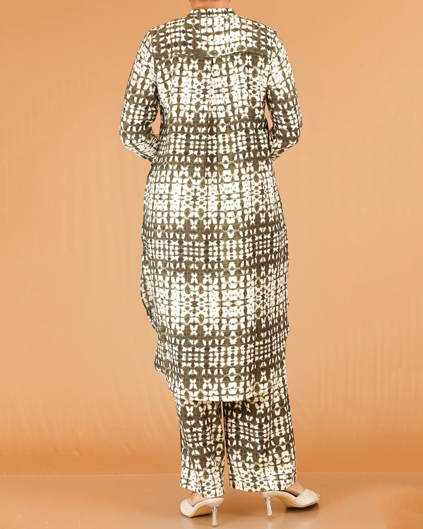 Olive Green Printed Co-Ord Set with Mandarin Collar Top