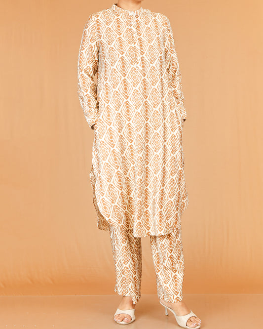 Beige Printed Co-Ord Set with Mandarin Collar Top