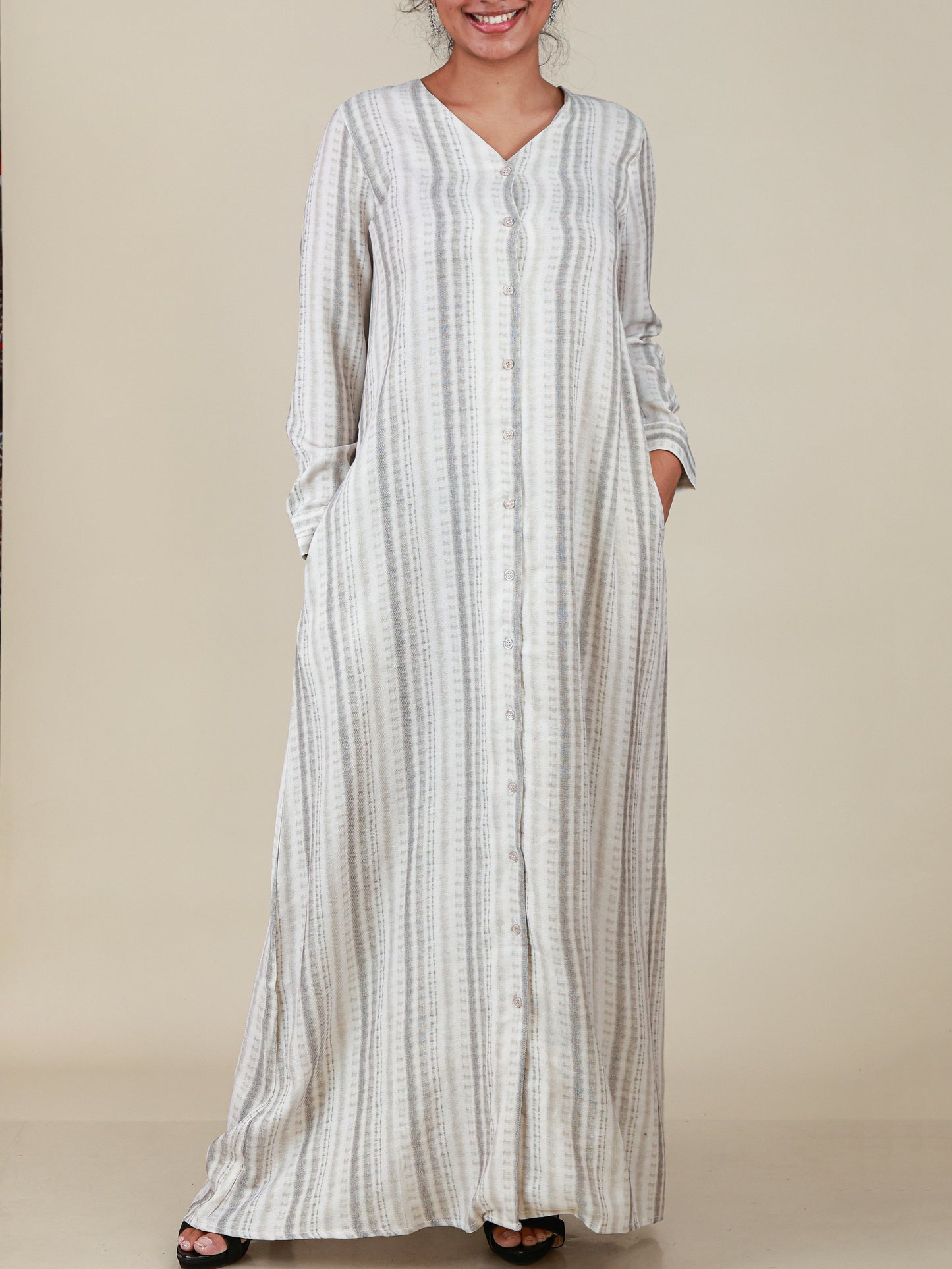 Serene Mist Button Front Abaya in Soft Grey