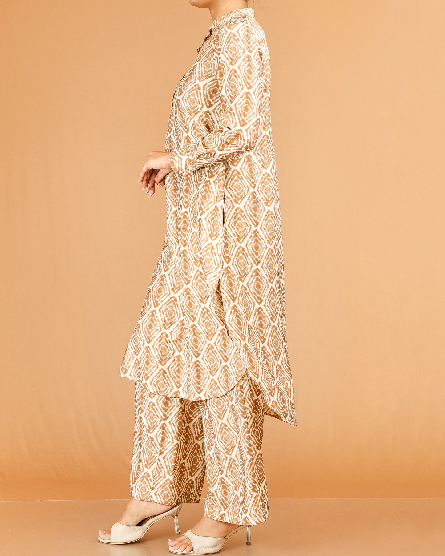 Beige Printed Co-Ord Set with Mandarin Collar Top