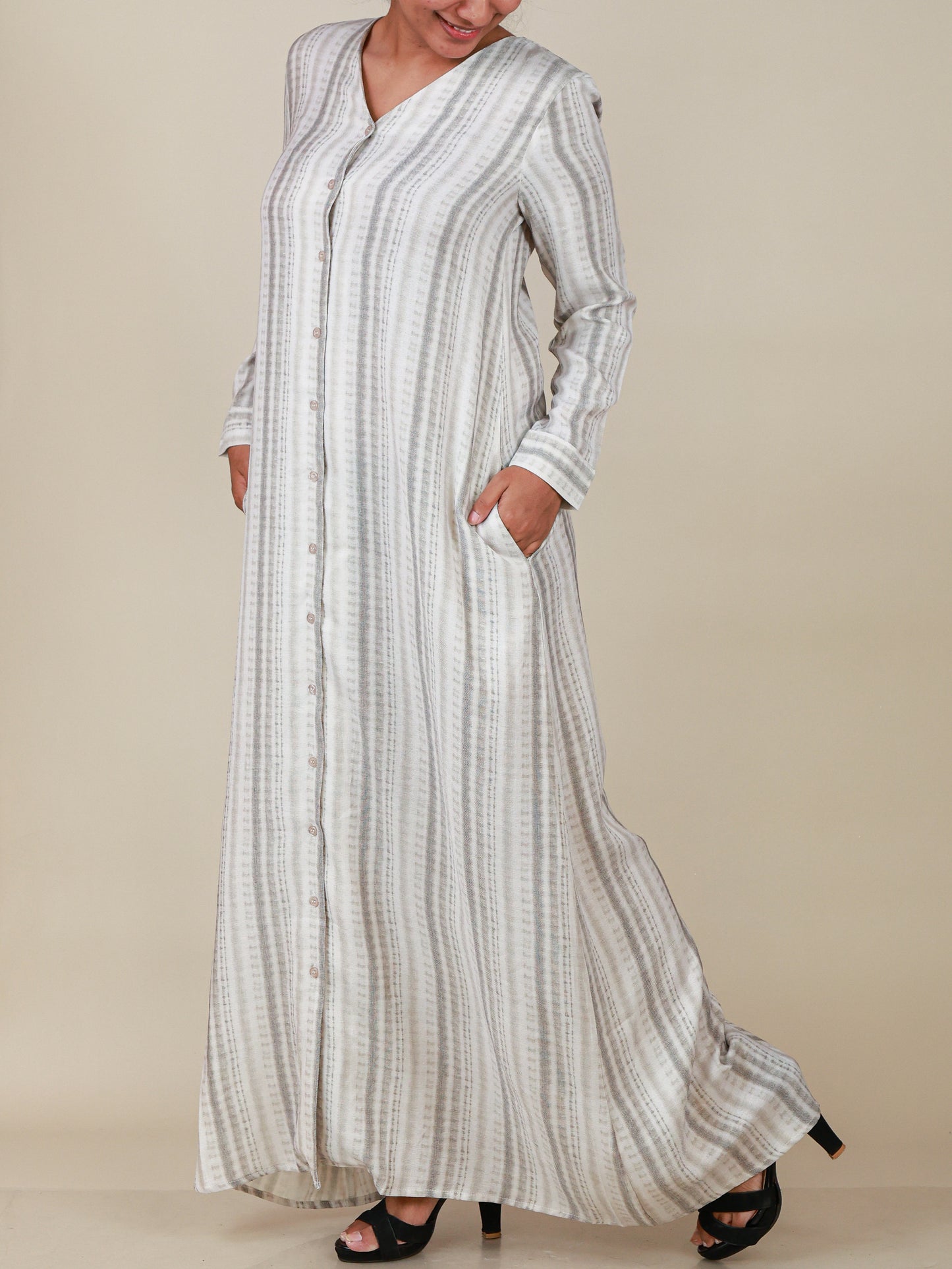 Serene Mist Button Front Abaya in Soft Grey