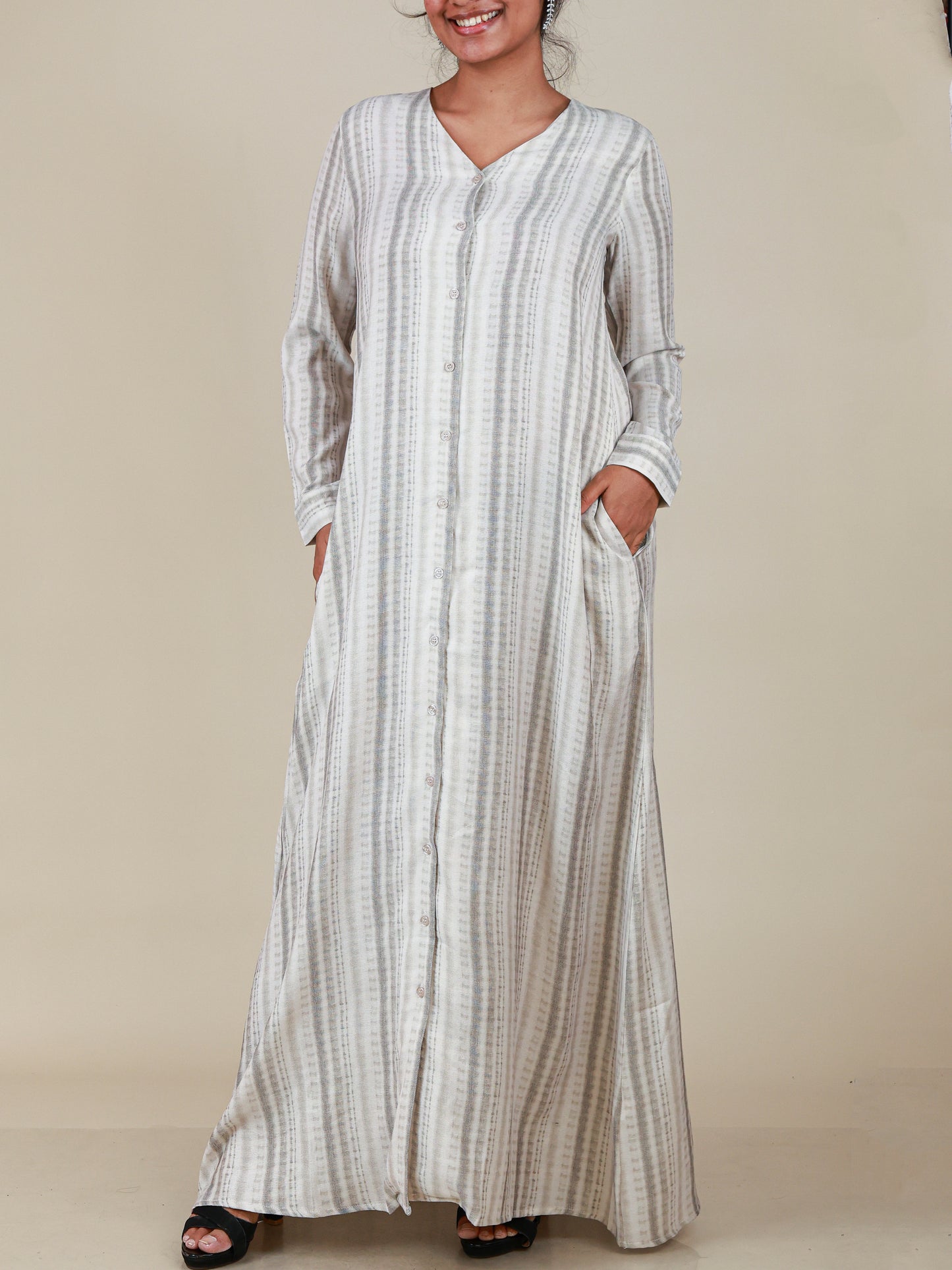 Serene Mist Button Front Abaya in Soft Grey