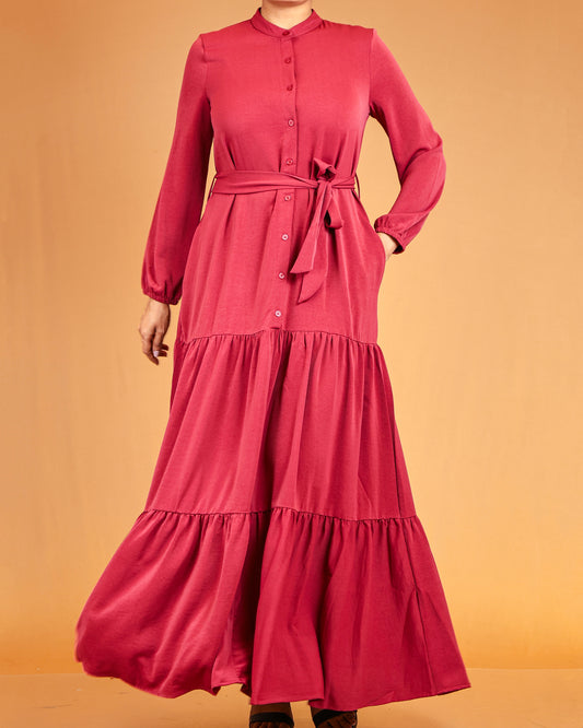Crimson Rose Tiered Maxi Dress with Waist Tie Belt