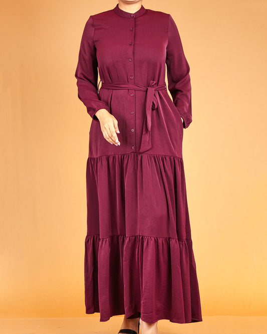 Burgundy Wine Tiered Maxi Dress with Waist Tie Belt