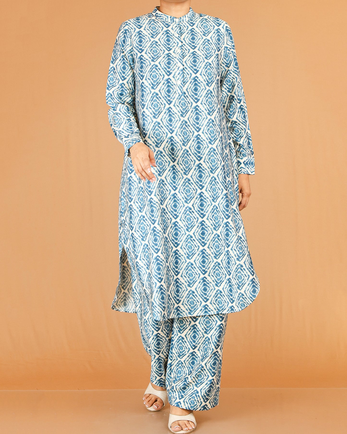 Sky Blue Printed Co-Ord Set with Mandarin Collar Top