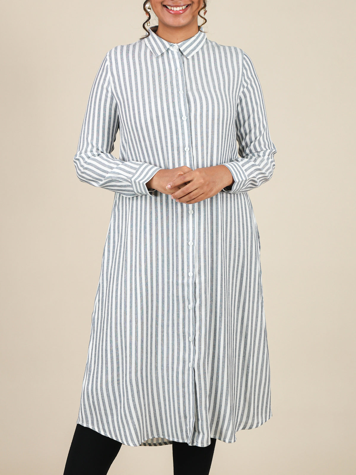 Aurelia Slate Grey Stripe Button Front Midi