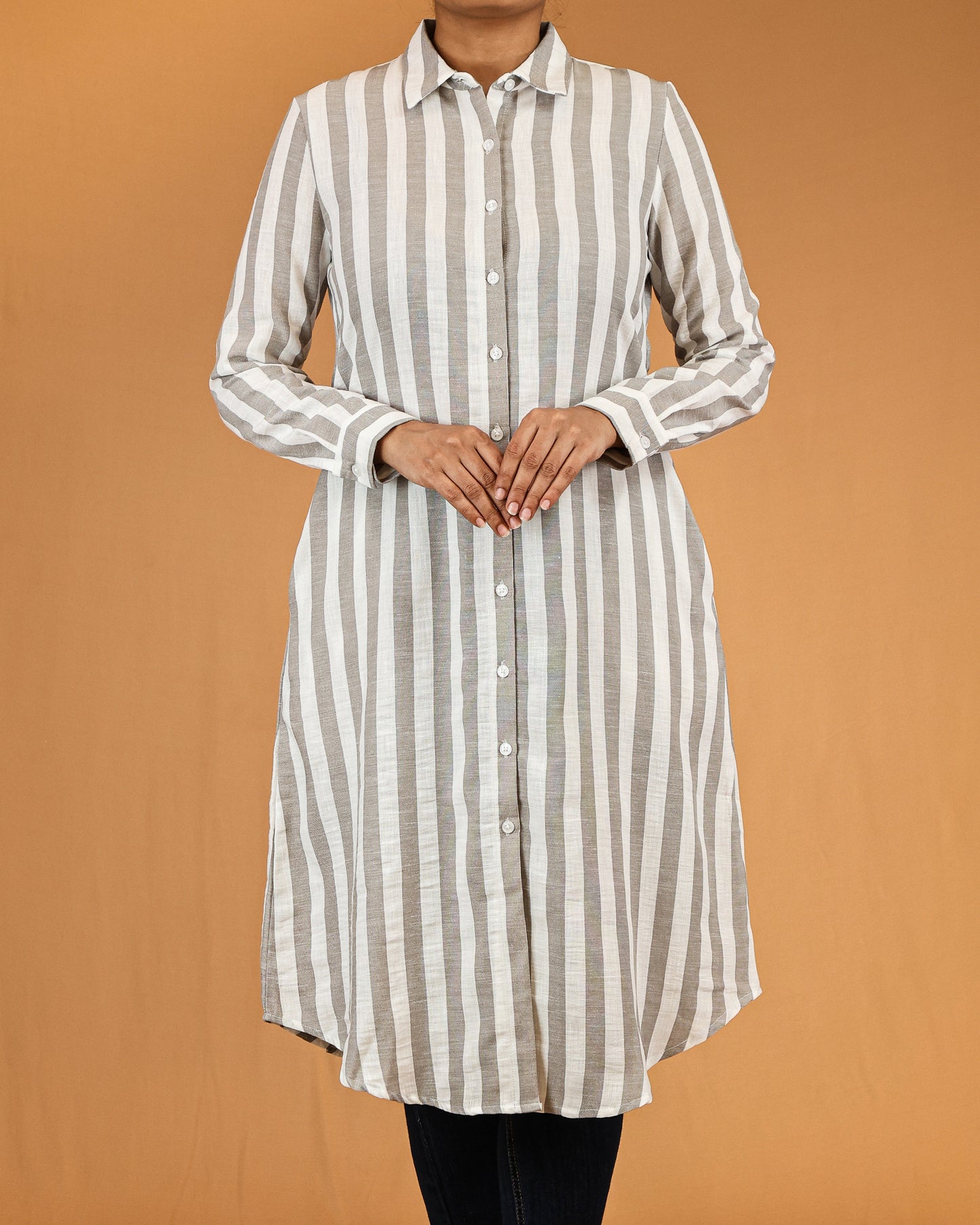 Stone Beige Stripe Shirt Dress