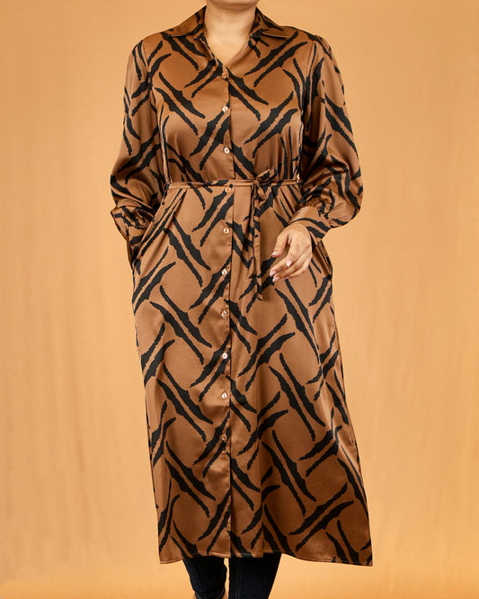 Collared Button-Front Waist Tie Brown Abstract Stripe Shirt Dress