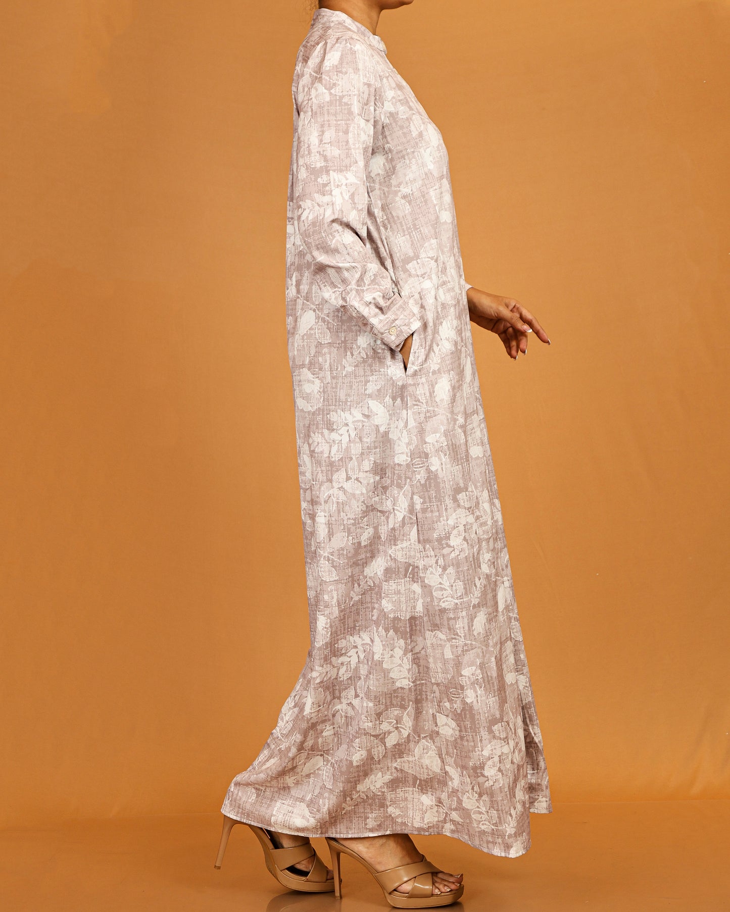 Botanical Textured Button-Front Maxi – Taupe