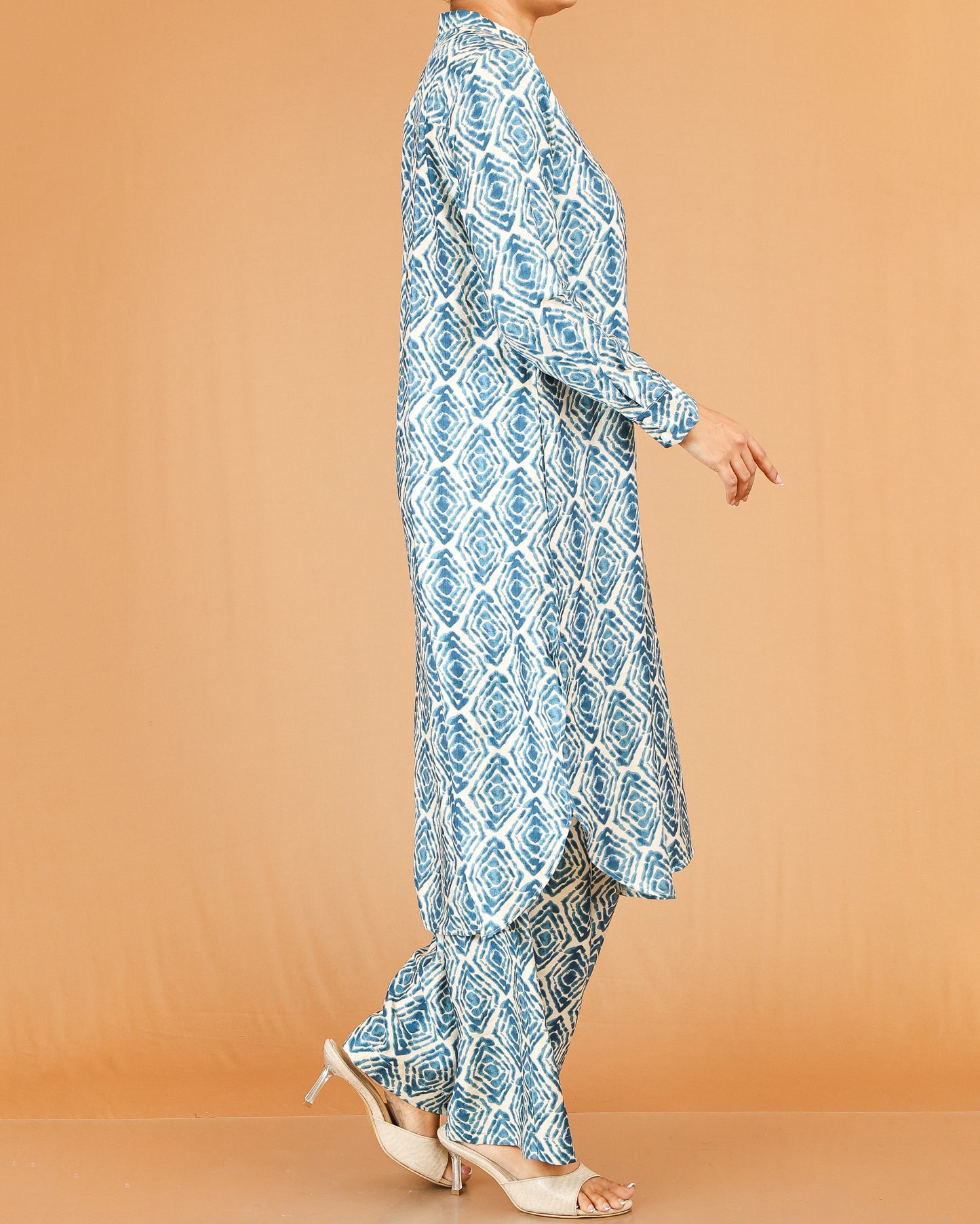 Sky Blue Printed Co-Ord Set with Mandarin Collar Top