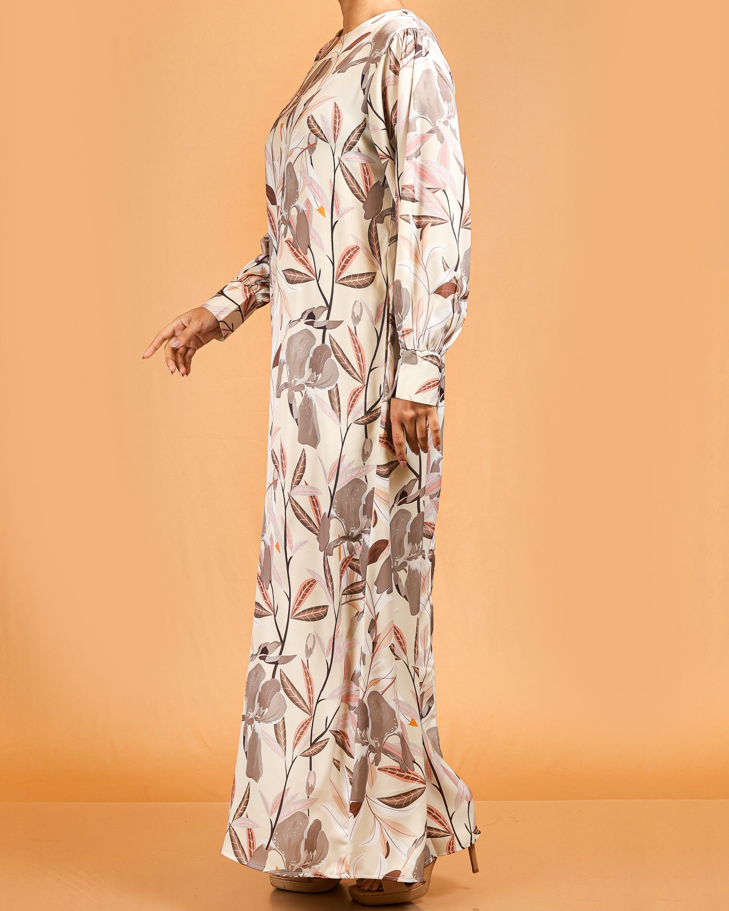 Soft Floral Flow Abaya – Brown Mix