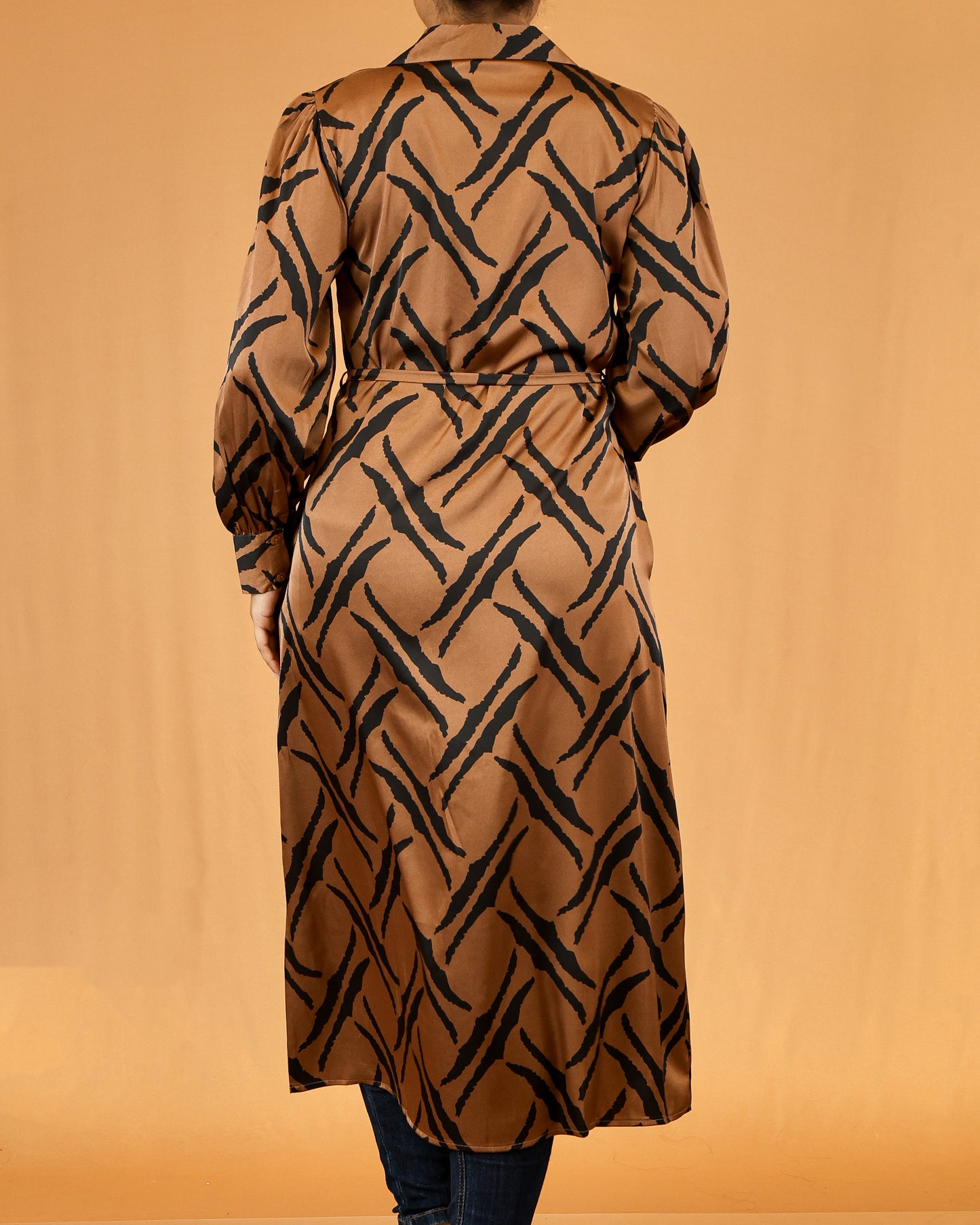Collared Button-Front Waist Tie Brown Abstract Stripe Shirt Dress