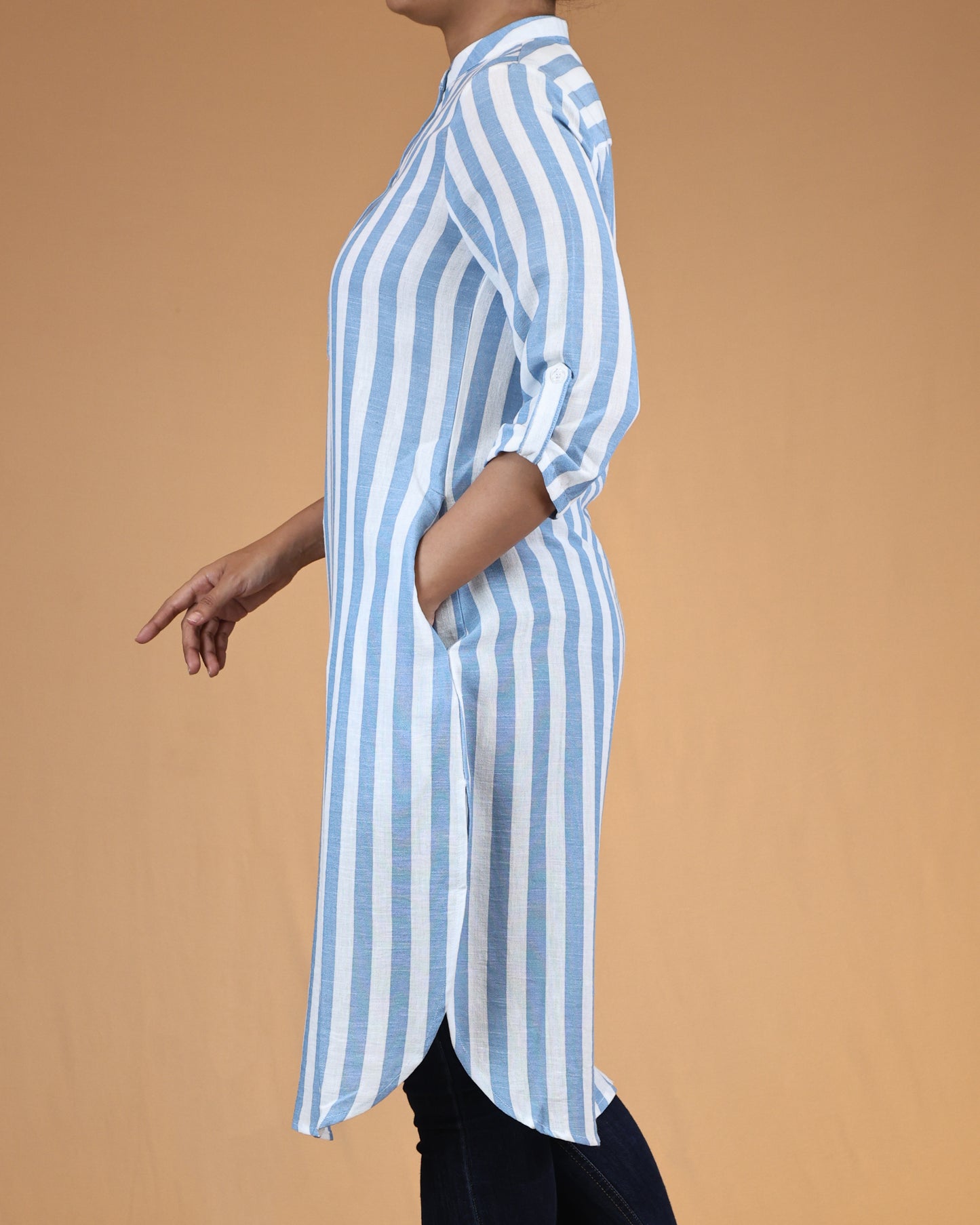 Sky Blue Striped Buttoned Top with Roll Up Sleeves