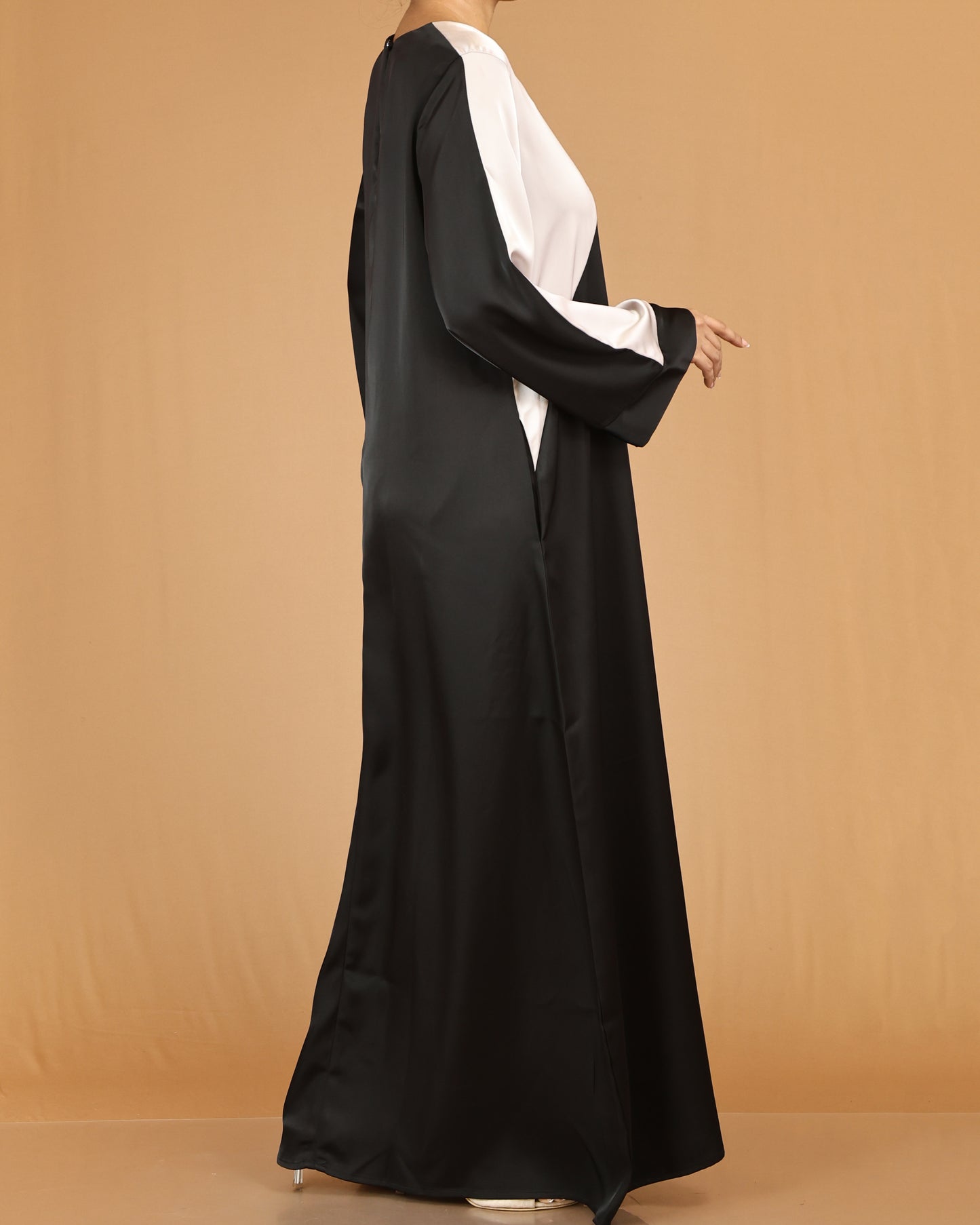 Black & Beige Asymmetric Panel Abaya with Contrast Sleeve Detail