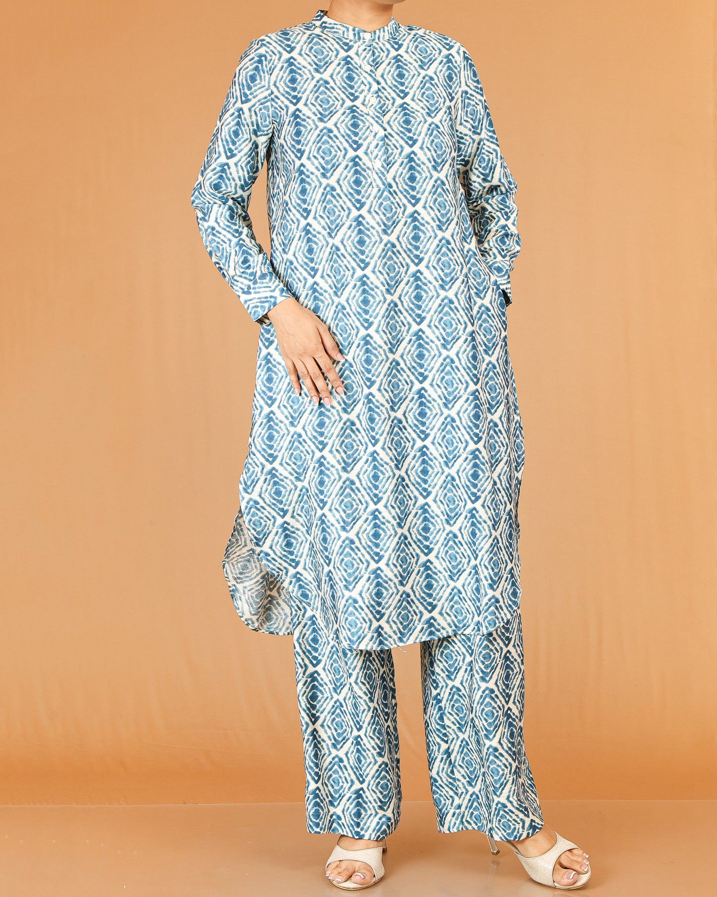 Sky Blue Printed Co-Ord Set with Mandarin Collar Top