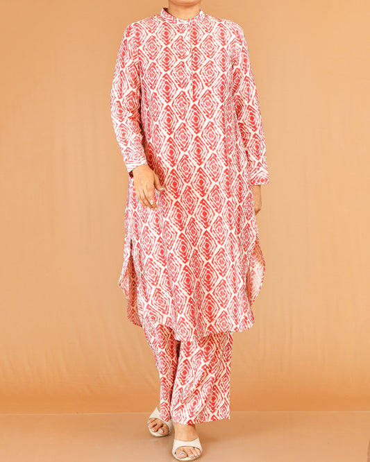 Coral Red Printed Co-Ord Set with Mandarin Collar Top