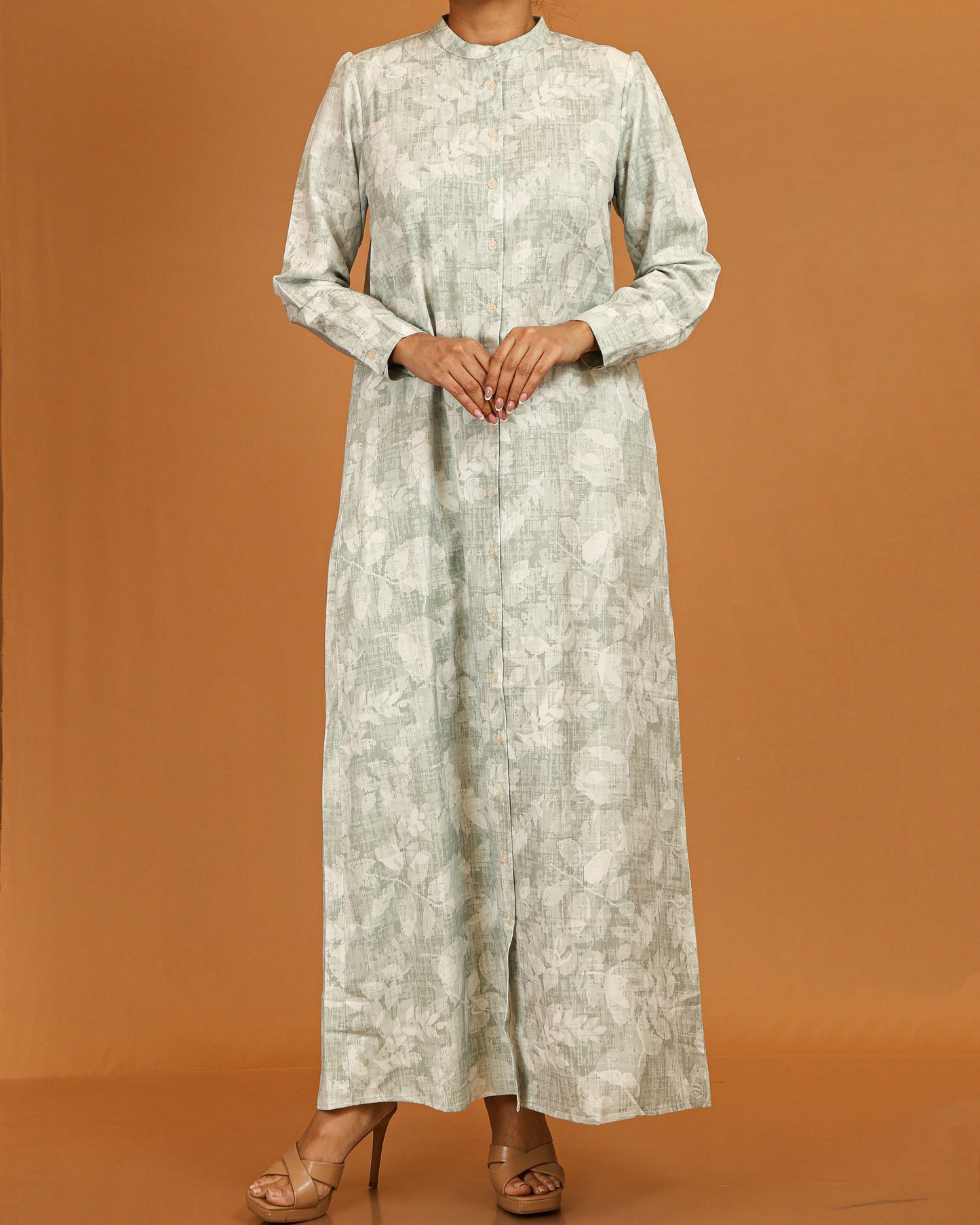 Botanical Textured Button-Front Maxi – Sage