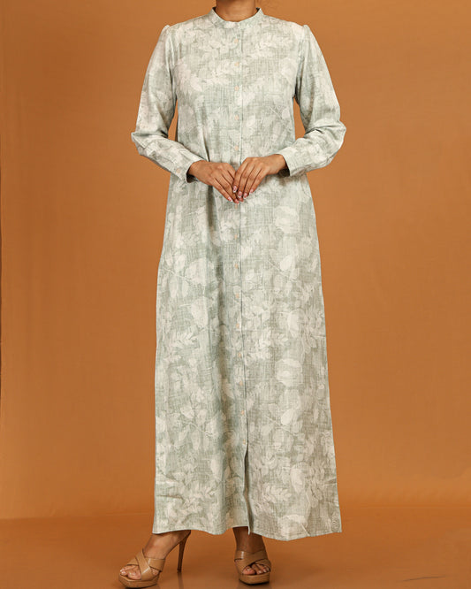 Botanical Textured Button-Front Maxi – Sage
