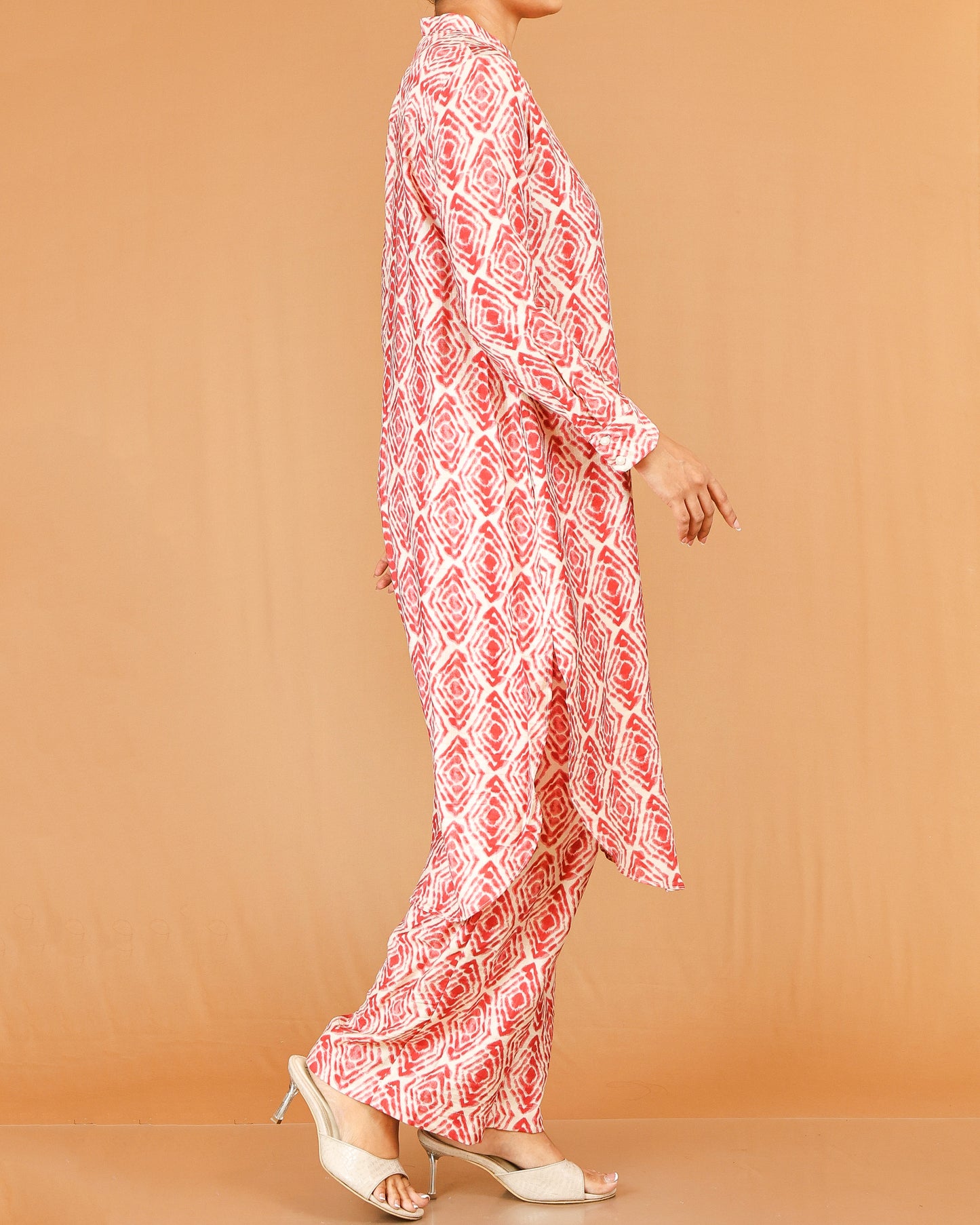 Coral Red Printed Co-Ord Set with Mandarin Collar Top