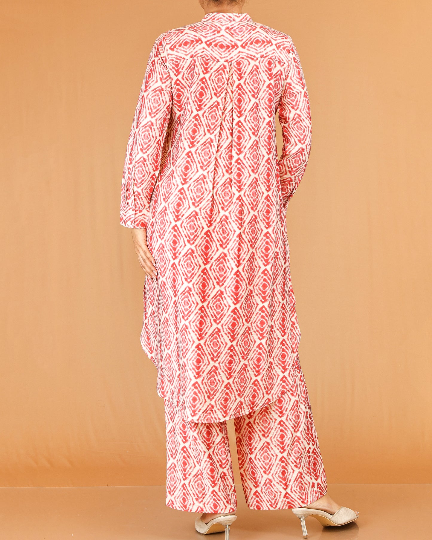 Coral Red Printed Co-Ord Set with Mandarin Collar Top
