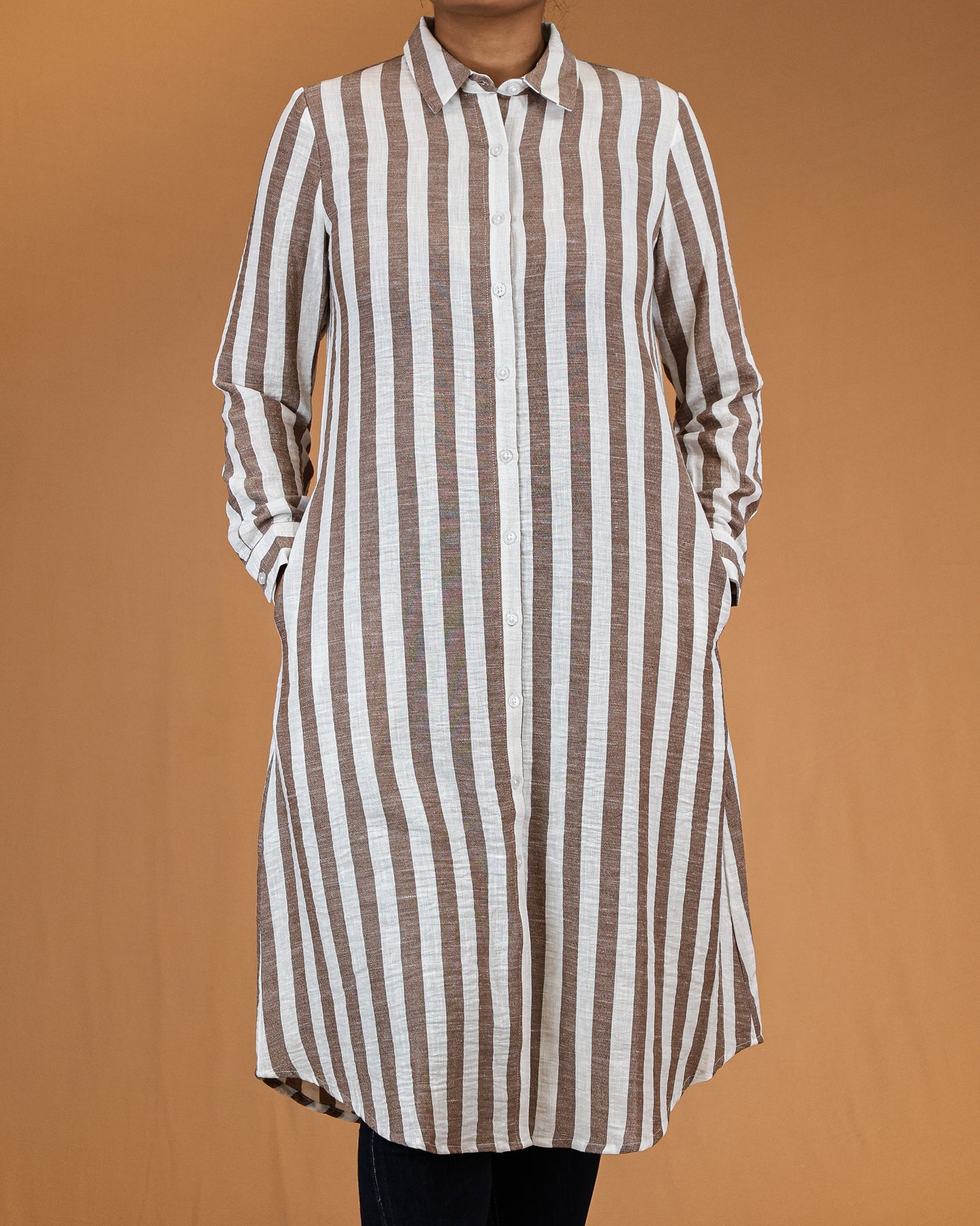 Warm Cocoa Stripe Shirt Dress