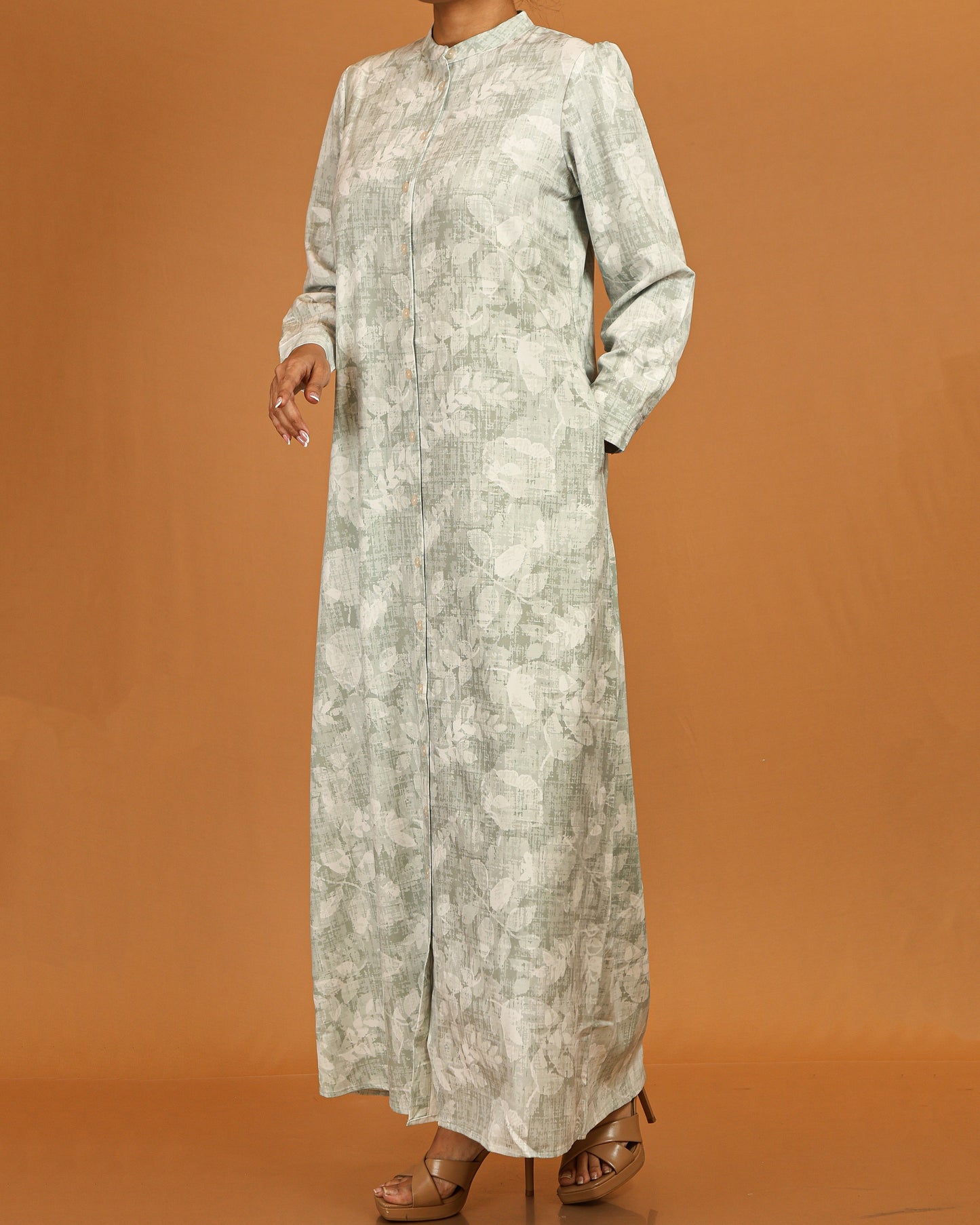 Botanical Textured Button-Front Maxi – Sage