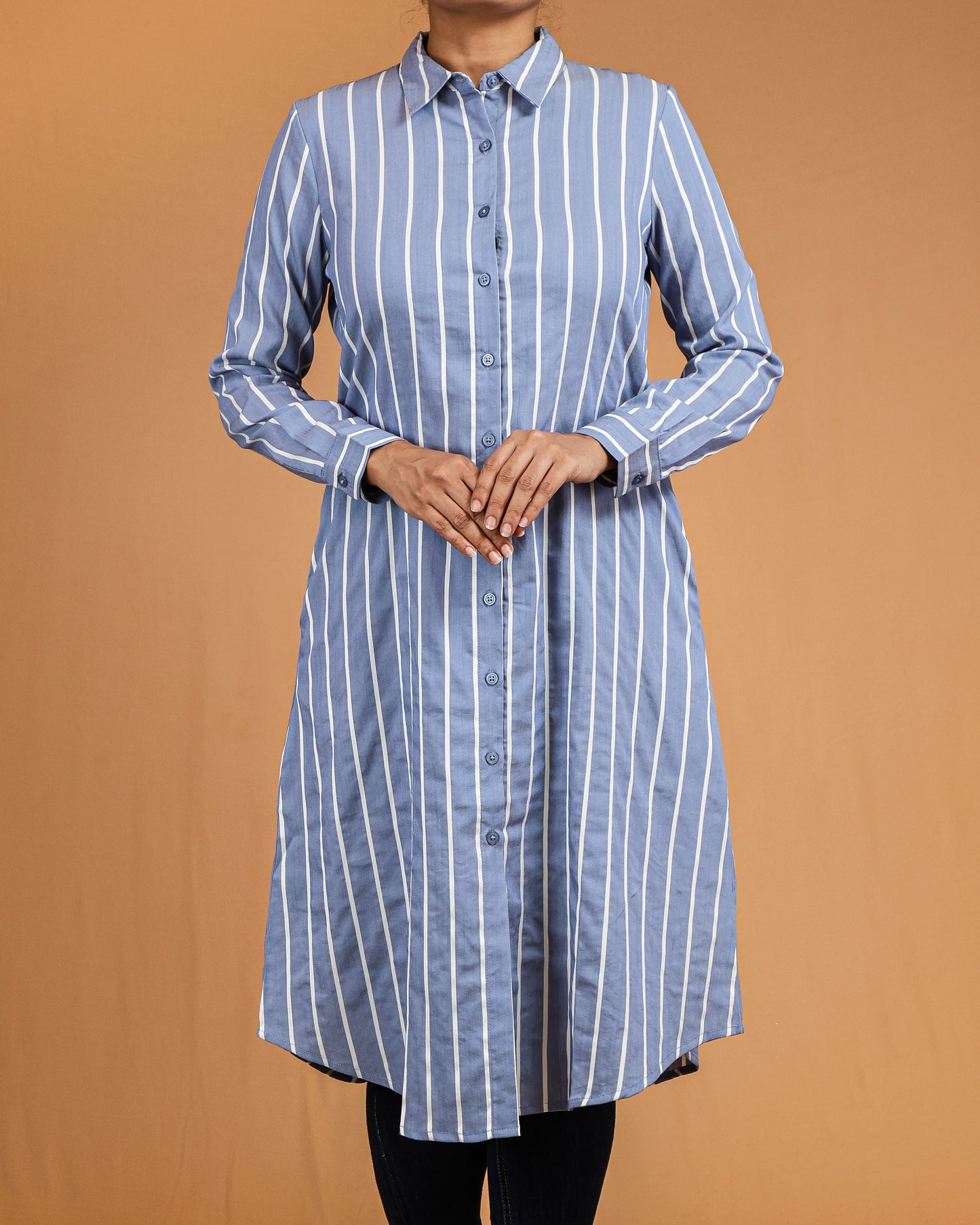 Steel Blue Striped Shirt Dress with Classic Collar